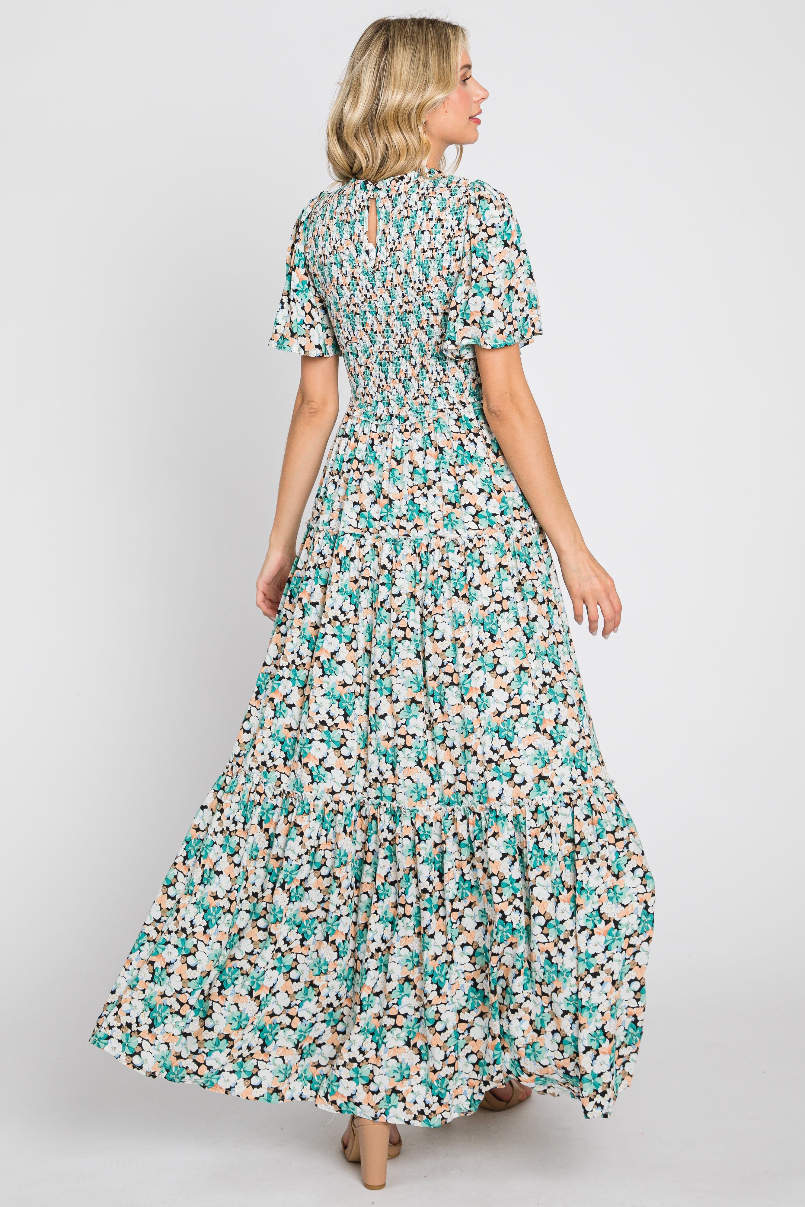 Green Floral Smocked Tiered Maxi Dress sold by Pinkblush product image thumbnail 3