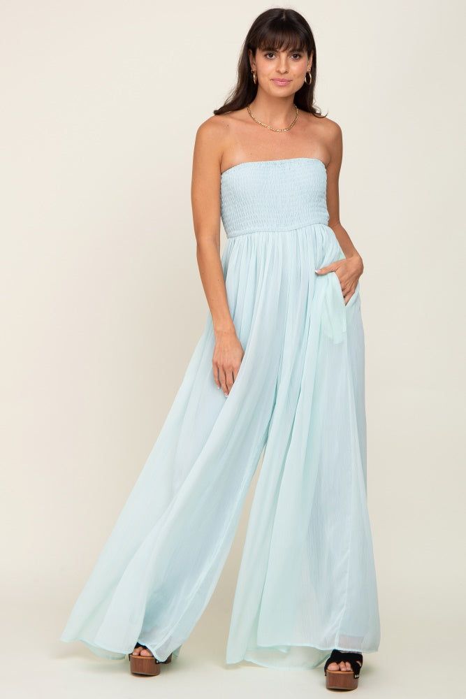 Mint Green Smocked Strapless Wide Leg Jumpsuit sold by Pinkblush product image thumbnail 4