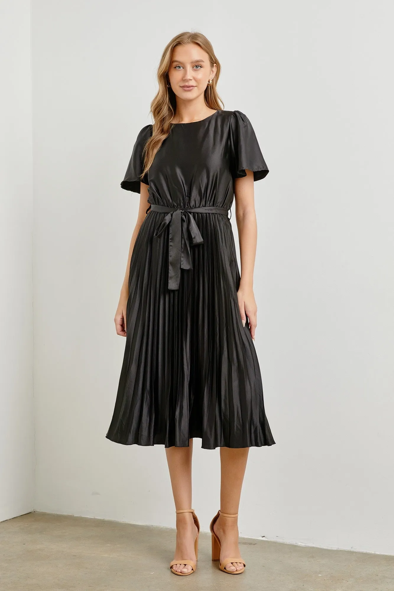 Black Satin Pleated Midi Dress sold by Pinkblush