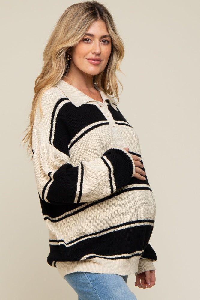 Black Striped Knit Maternity Collared Sweater sold by Pinkblush product image thumbnail 3