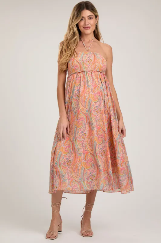 Coral Paisley Halter Smocked Maternity Midi Dress sold by Pinkblush