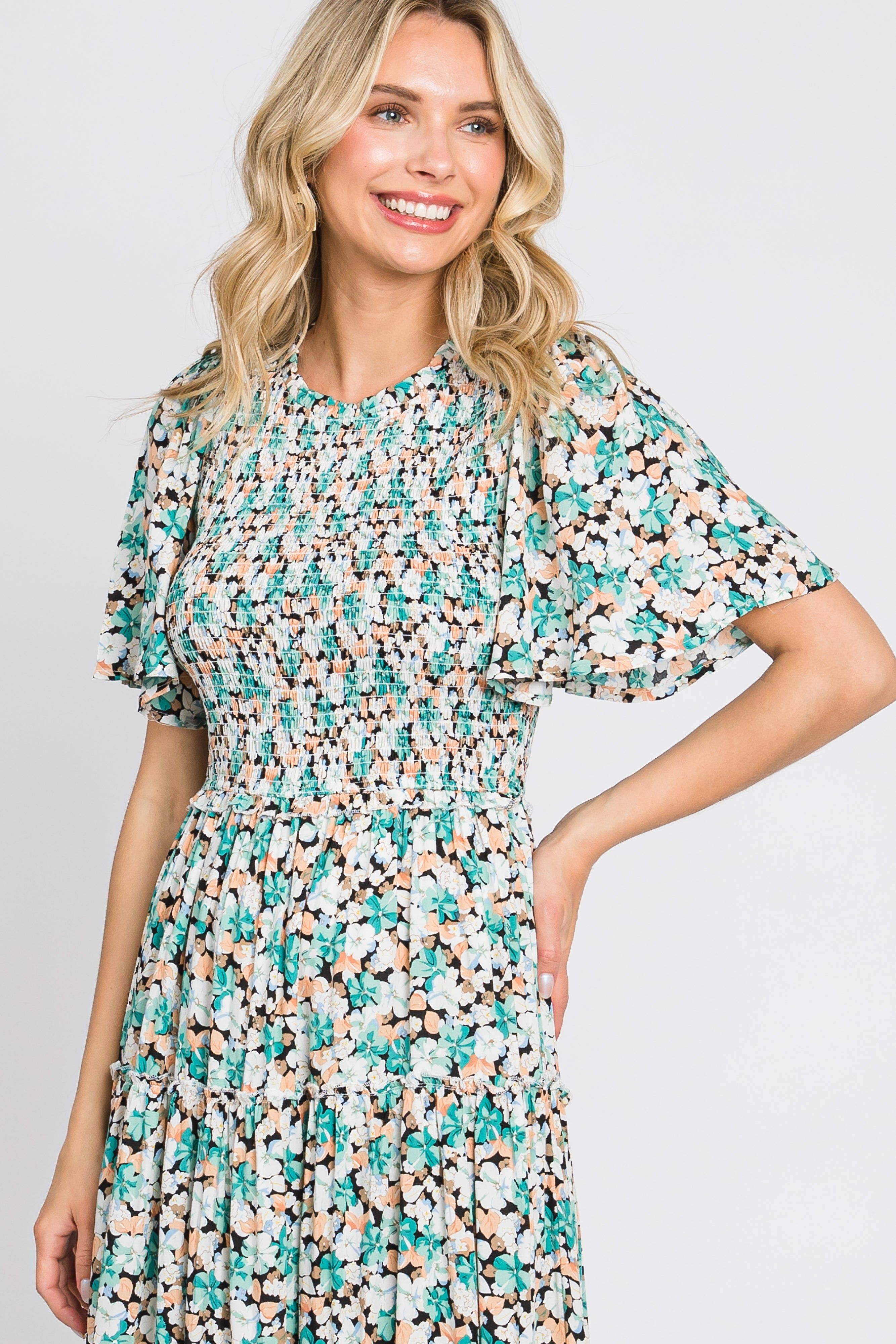 Green Floral Smocked Tiered Maxi Dress sold by Pinkblush product image thumbnail 4