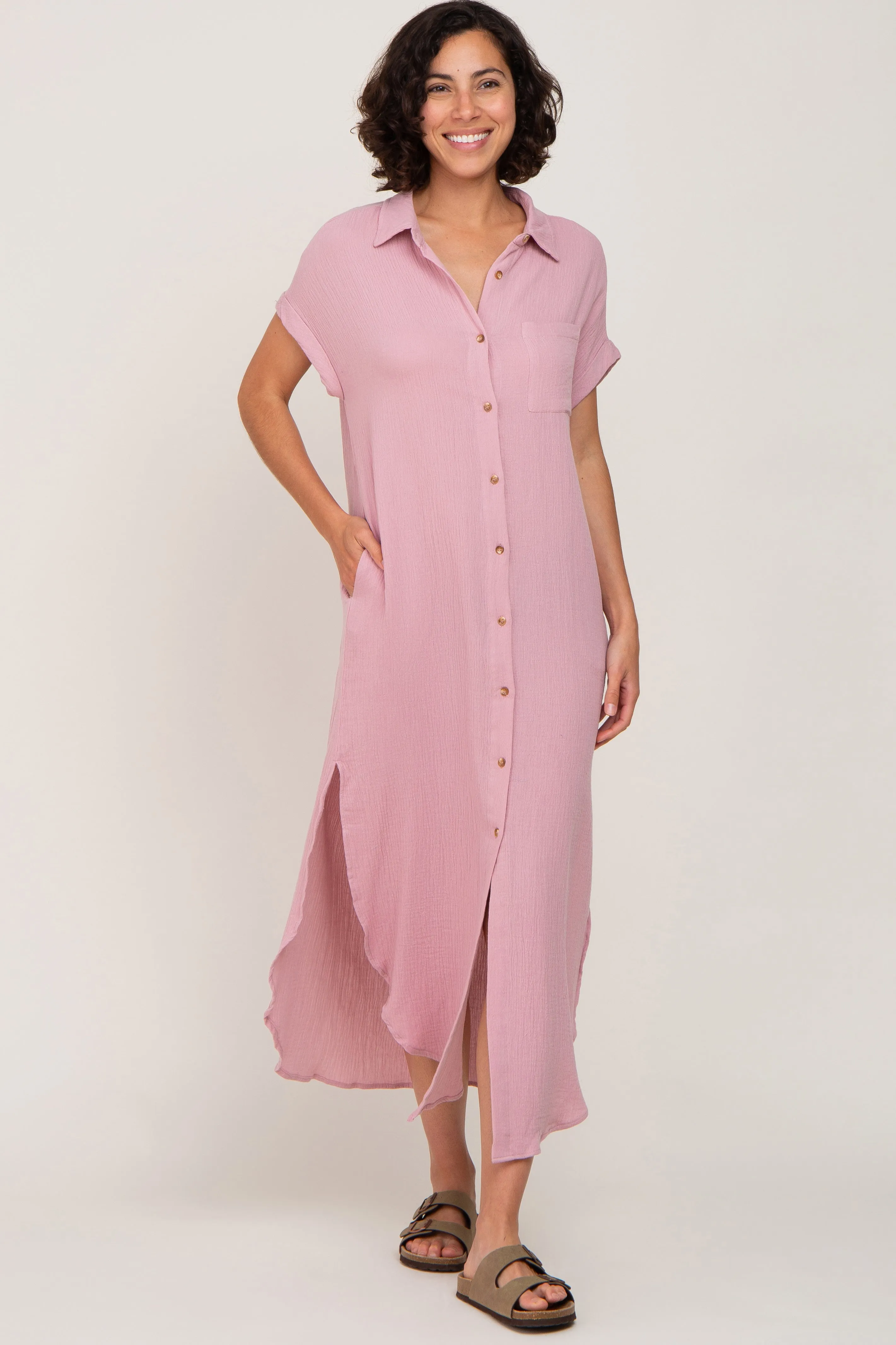Light Pink Button Down Maternity Midi Dress sold by Pinkblush product image thumbnail 4