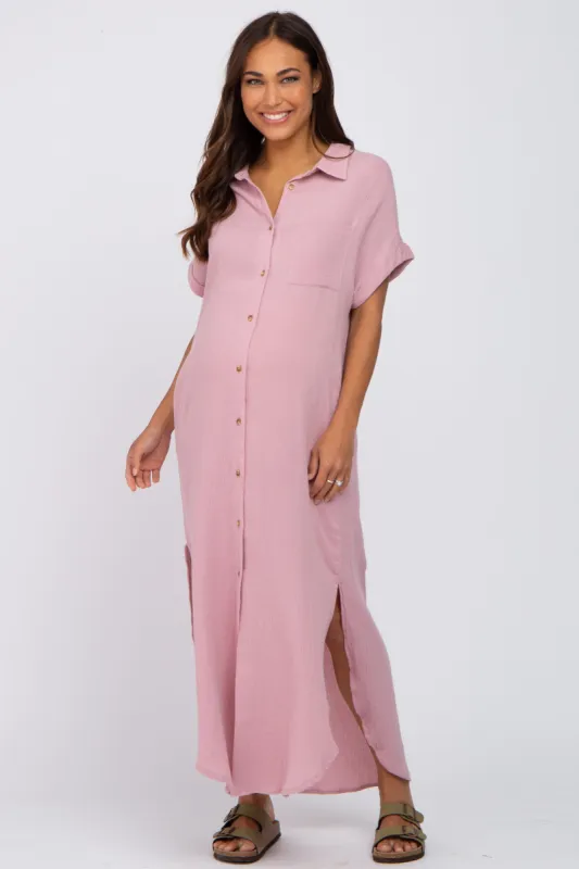 Light Pink Button Down Maternity Midi Dress sold by Pinkblush