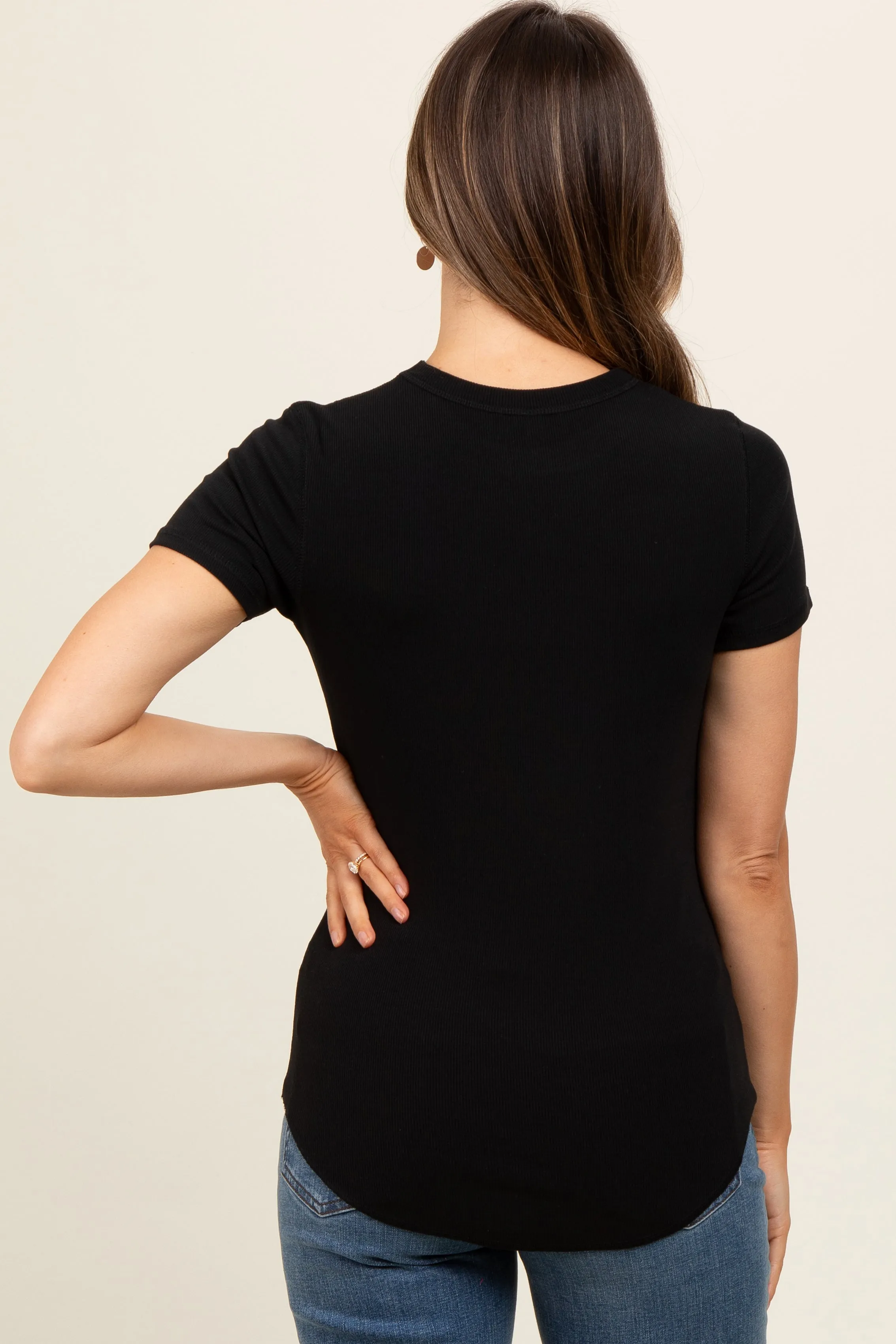 Black Ribbed Short Sleeve Curved Hem Maternity Top sold by Pinkblush product image thumbnail 4
