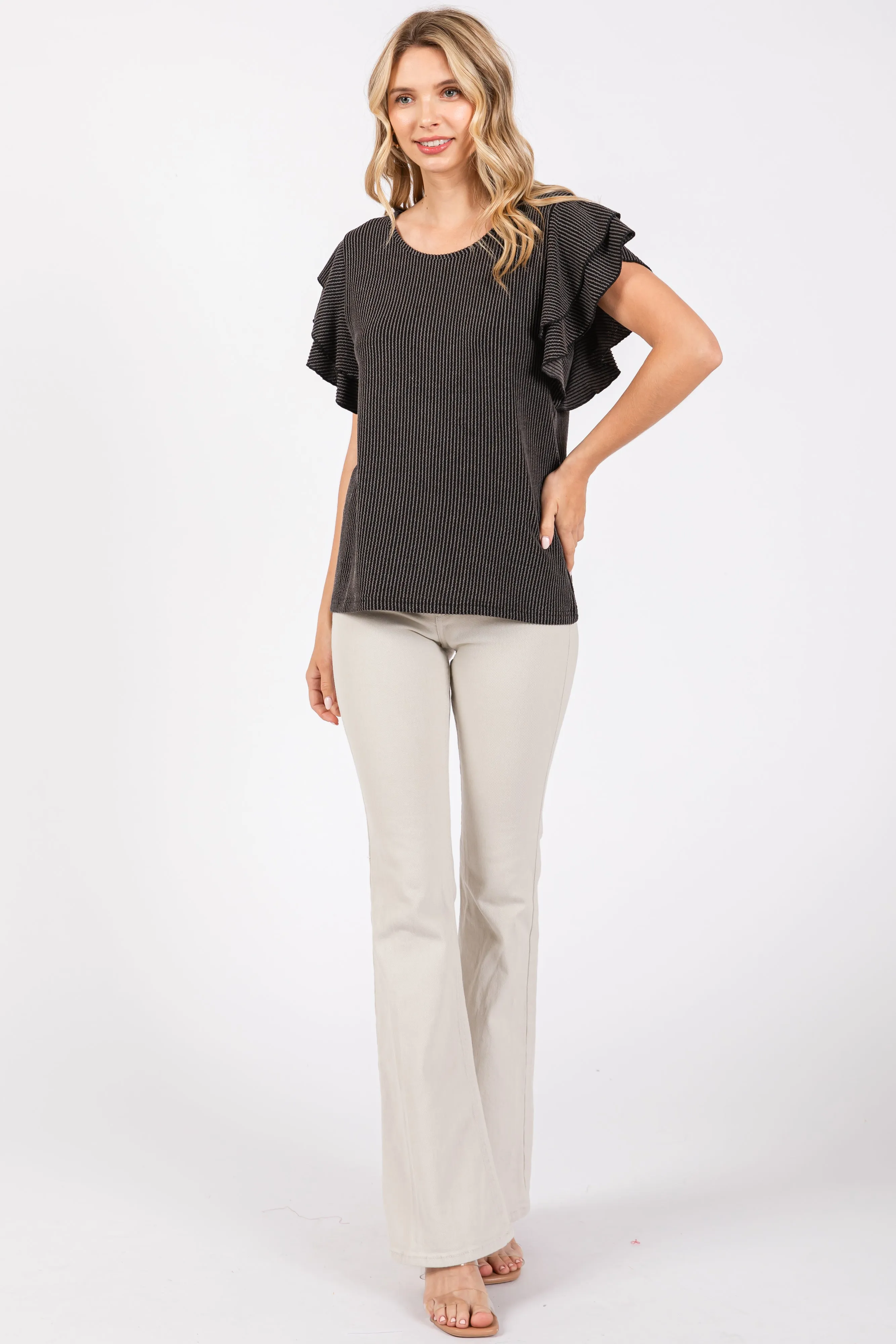 Charcoal Ruffle Sleeve Ribbed Top sold by Pinkblush product image thumbnail 4