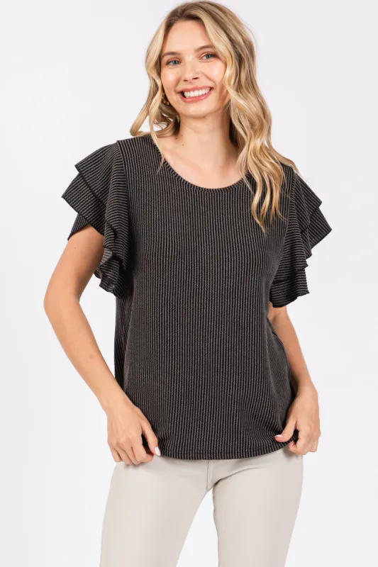 Charcoal Ruffle Sleeve Ribbed Top sold by Pinkblush