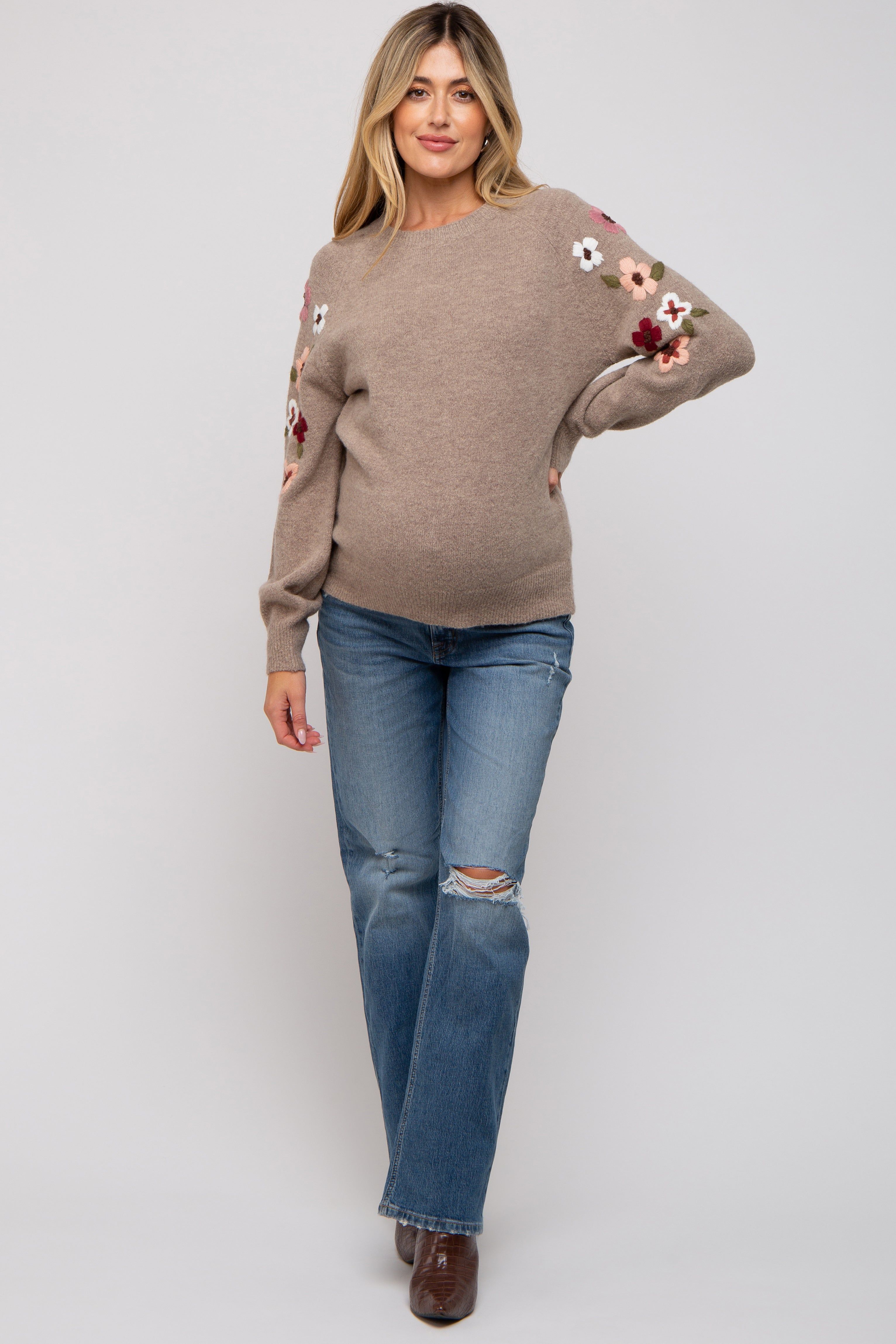 Beige Knit Floral Maternity Sweater sold by Pinkblush product image thumbnail 2