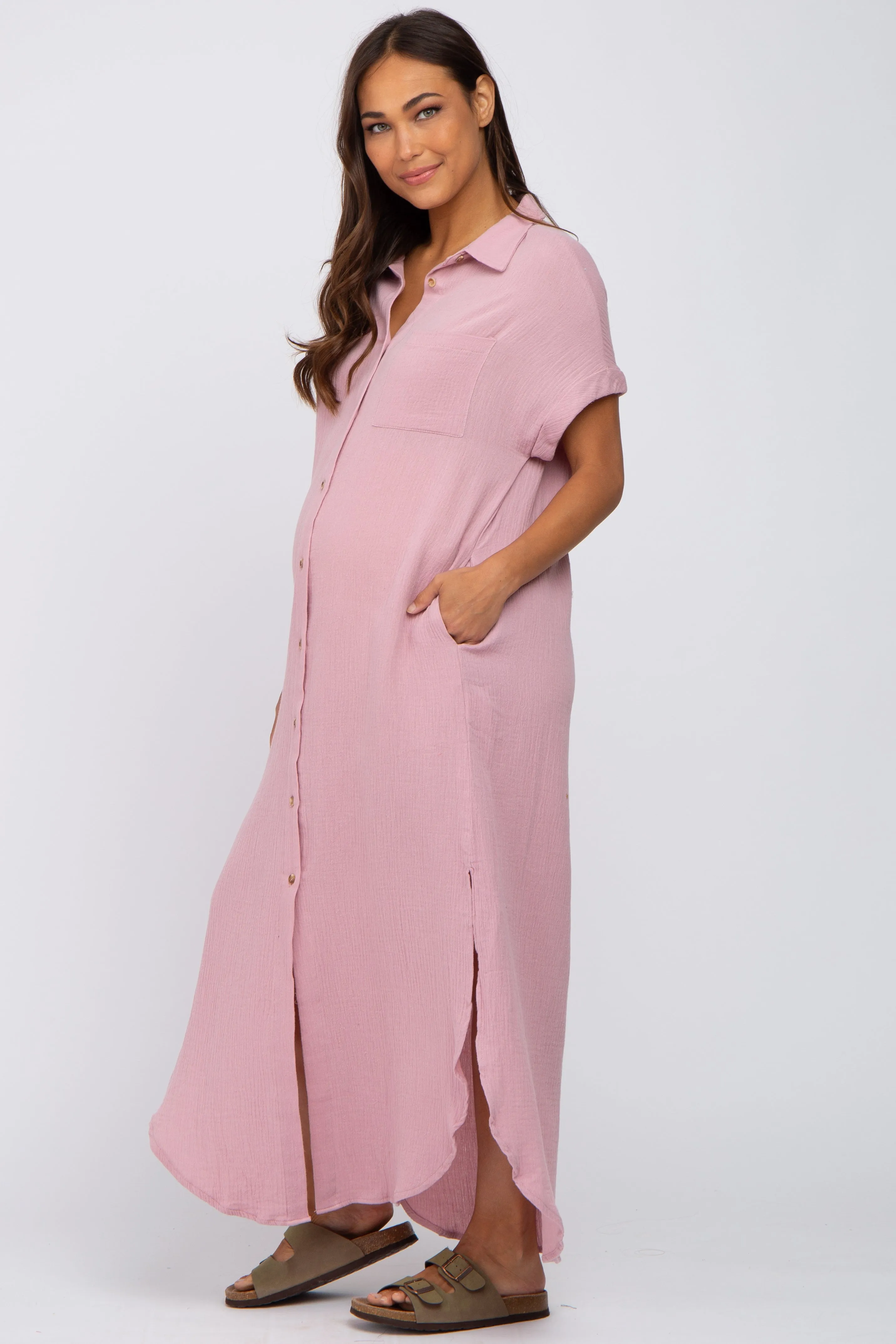 Light Pink Button Down Maternity Midi Dress sold by Pinkblush product image thumbnail 2