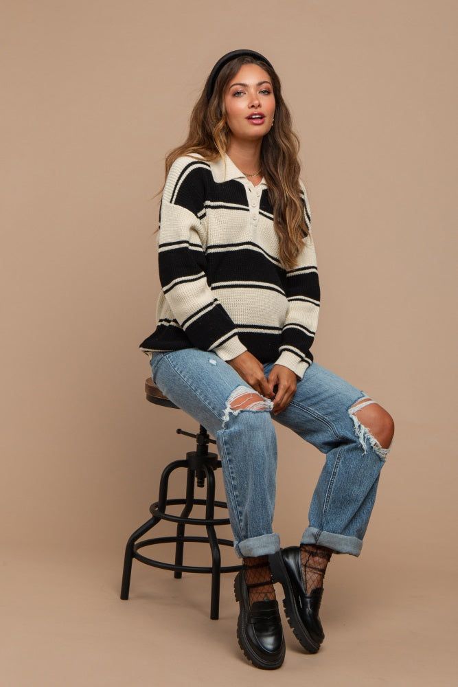 Black Striped Knit Maternity Collared Sweater sold by Pinkblush product image thumbnail 2