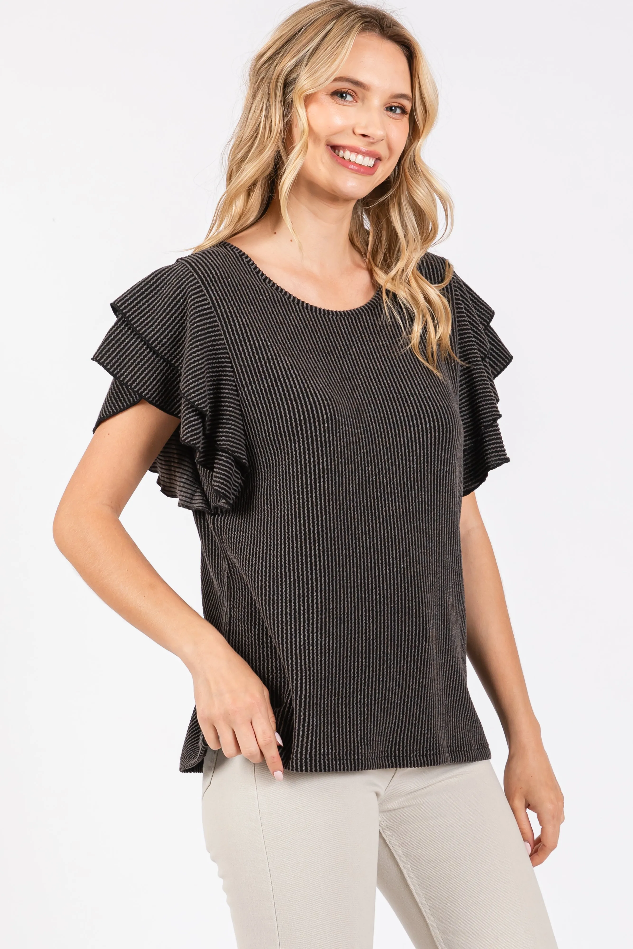 Charcoal Ruffle Sleeve Ribbed Top sold by Pinkblush product image thumbnail 2