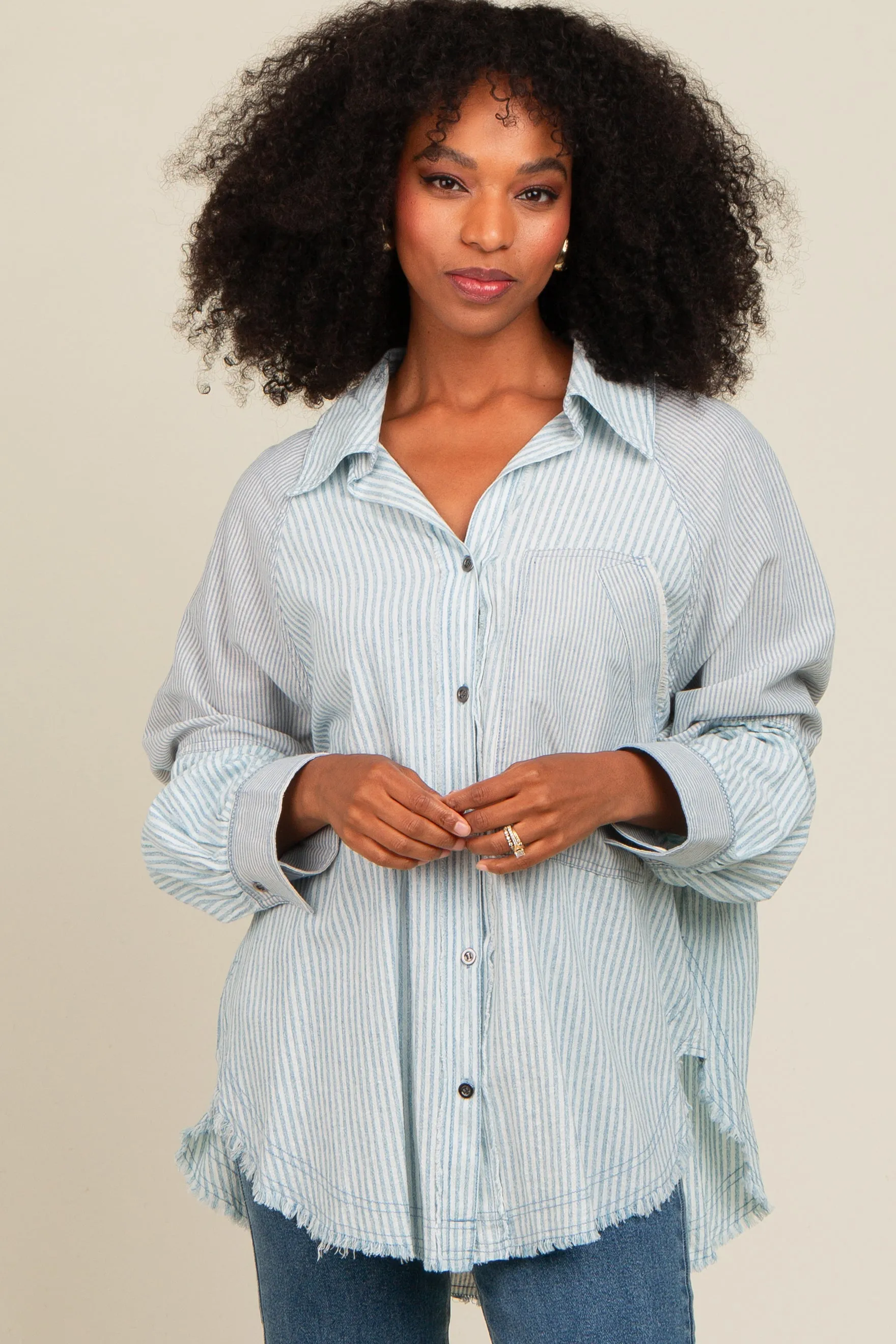 Blue Striped Button Down Oversized Long Sleeve Top sold by Pinkblush