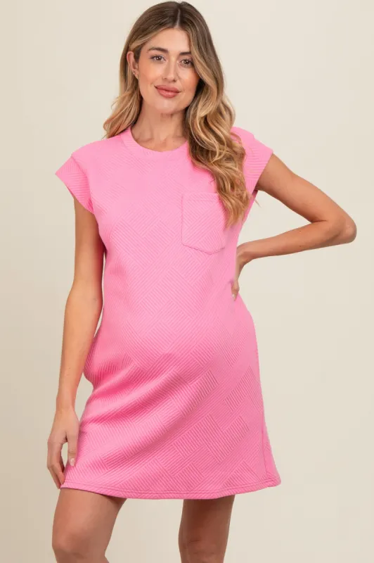 Pink Front Pocket Line Textured Short Sleeve Maternity Dress sold by Pinkblush
