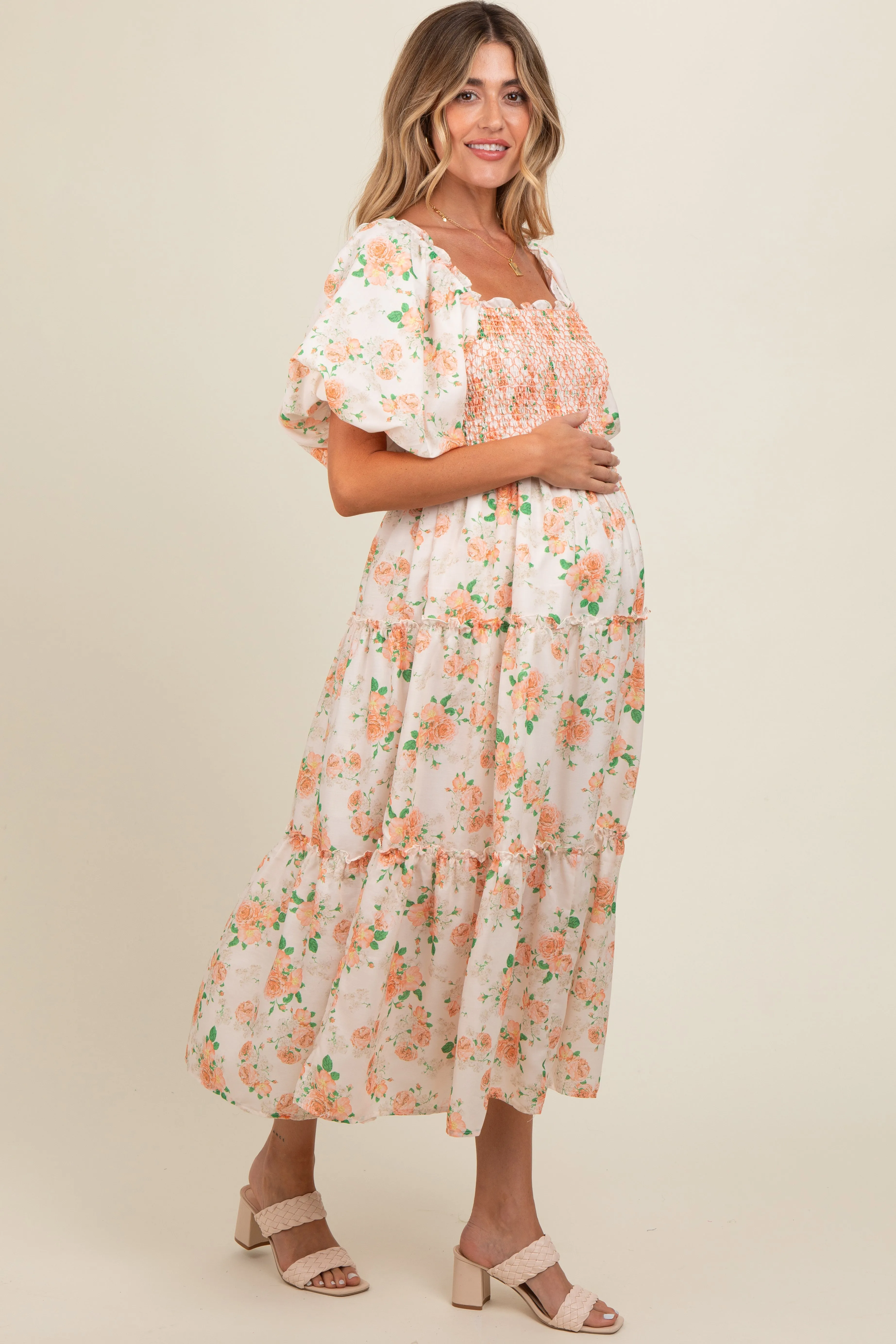 Peach Floral Smocked Puff Sleeve Maternity Midi Dress sold by Pinkblush product image thumbnail 4