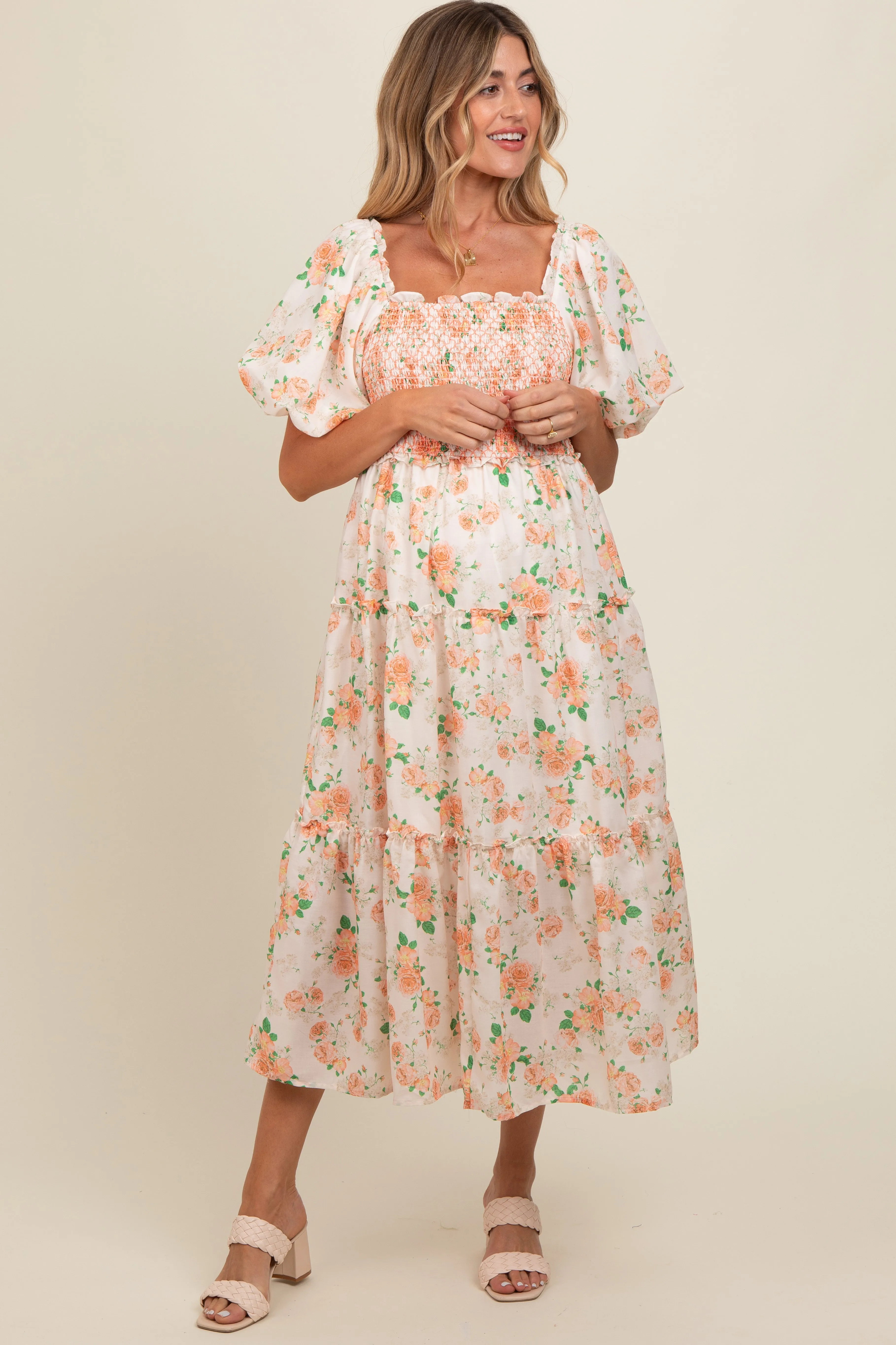 Peach Floral Smocked Puff Sleeve Maternity Midi Dress sold by Pinkblush