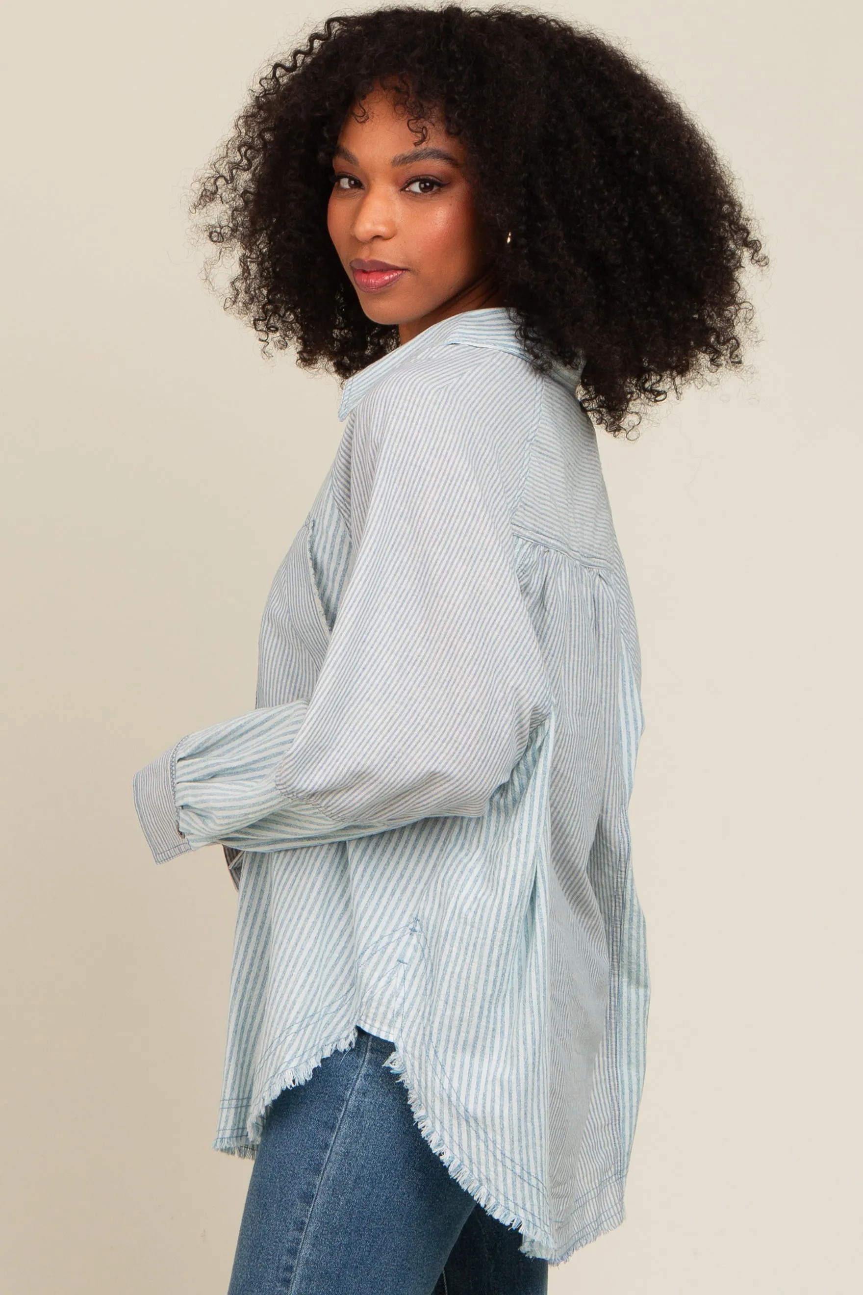 Blue Striped Button Down Oversized Long Sleeve Top sold by Pinkblush product image thumbnail 2