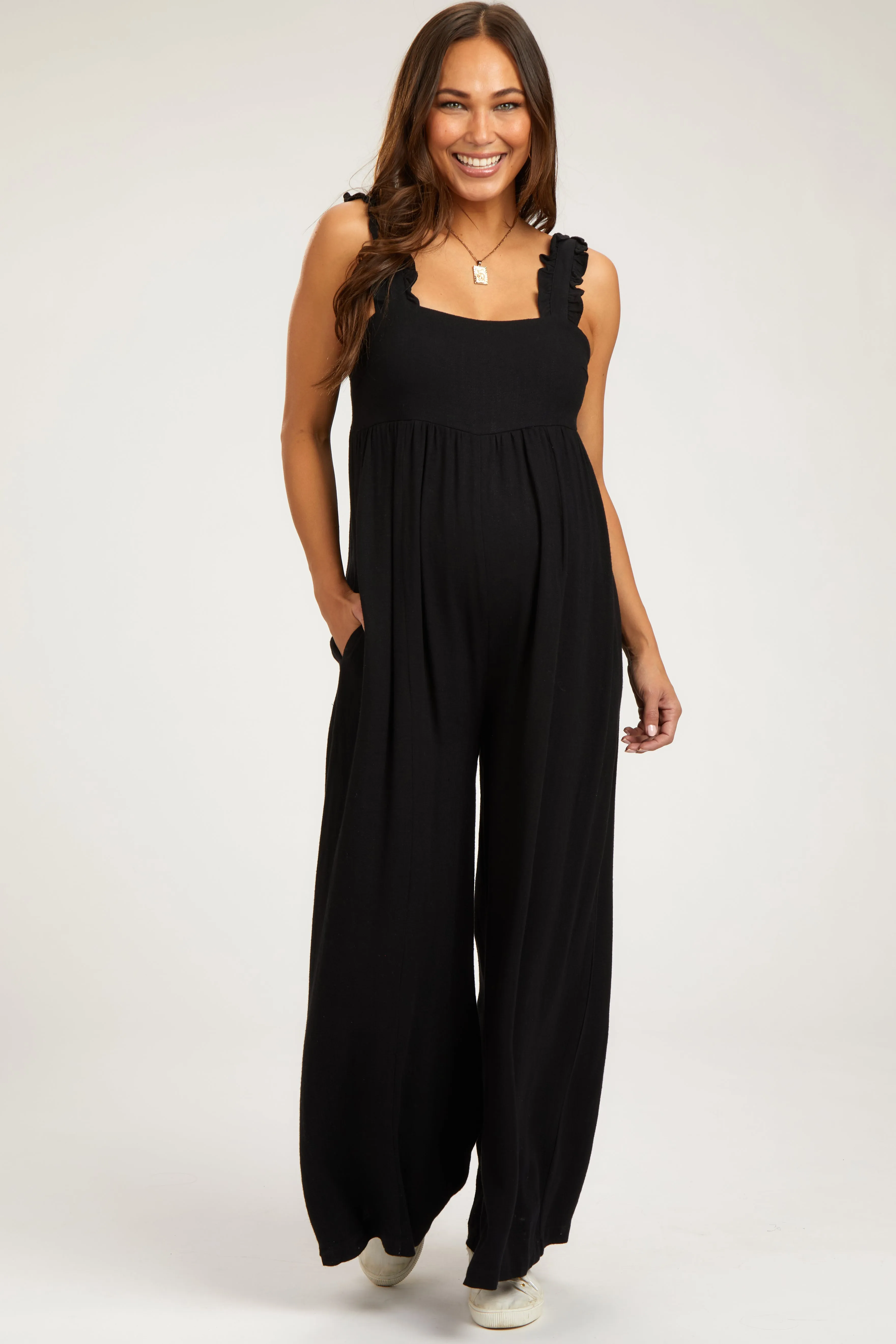 Black Ruffle Trim Back Tie Maternity Jumpsuit sold by Pinkblush