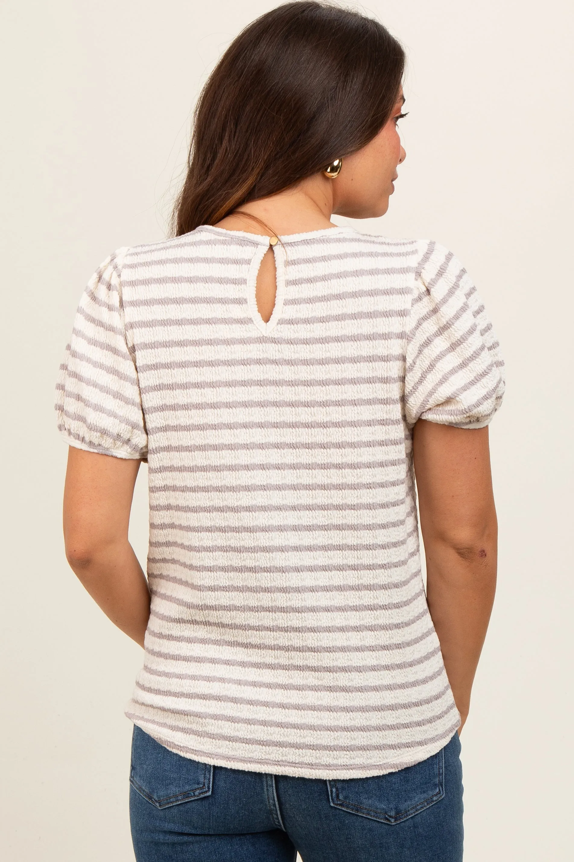 Grey Striped Textured Puff Sleeve Maternity Top sold by Pinkblush product image thumbnail 4