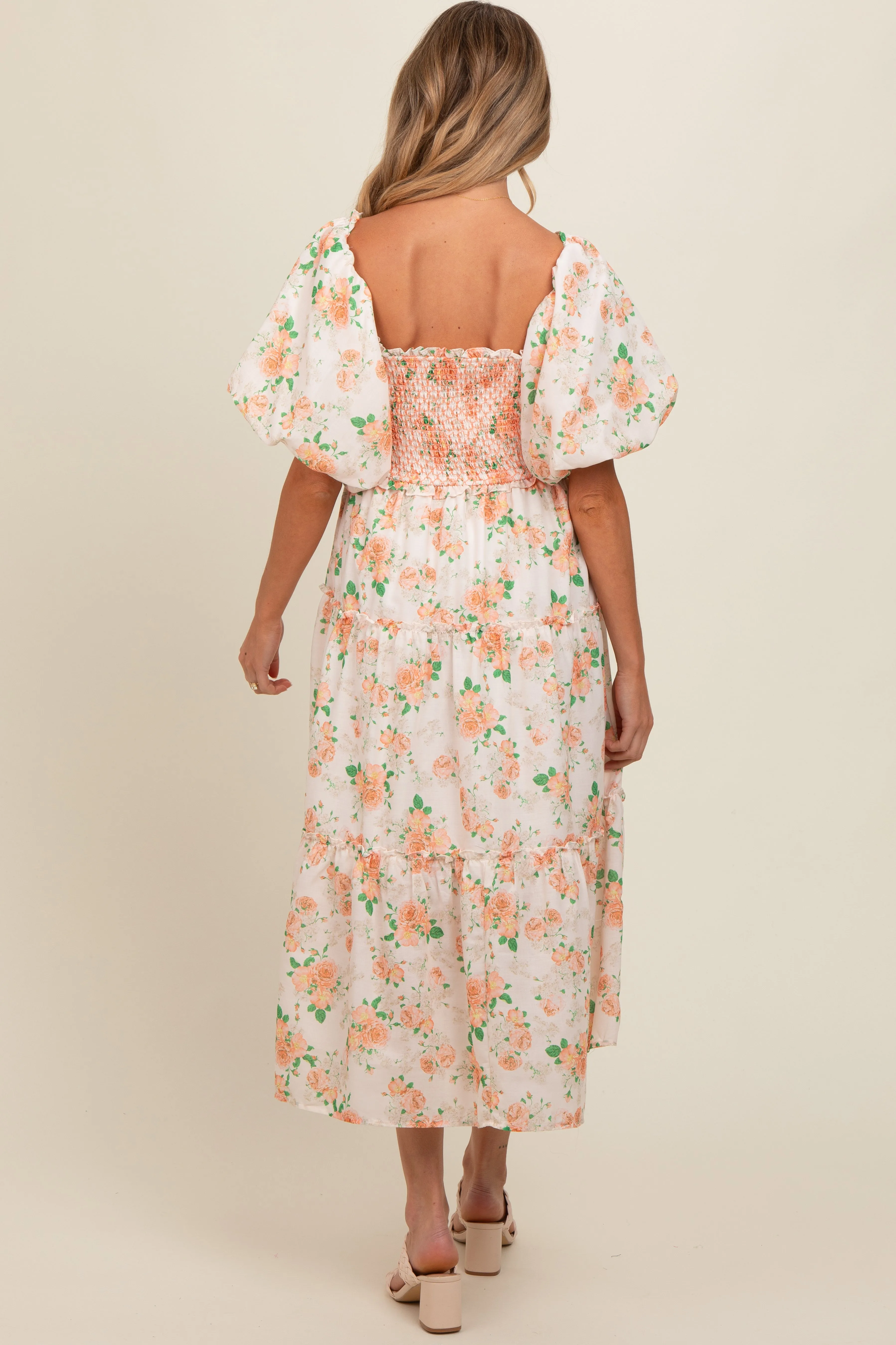 Peach Floral Smocked Puff Sleeve Maternity Midi Dress sold by Pinkblush product image thumbnail 5