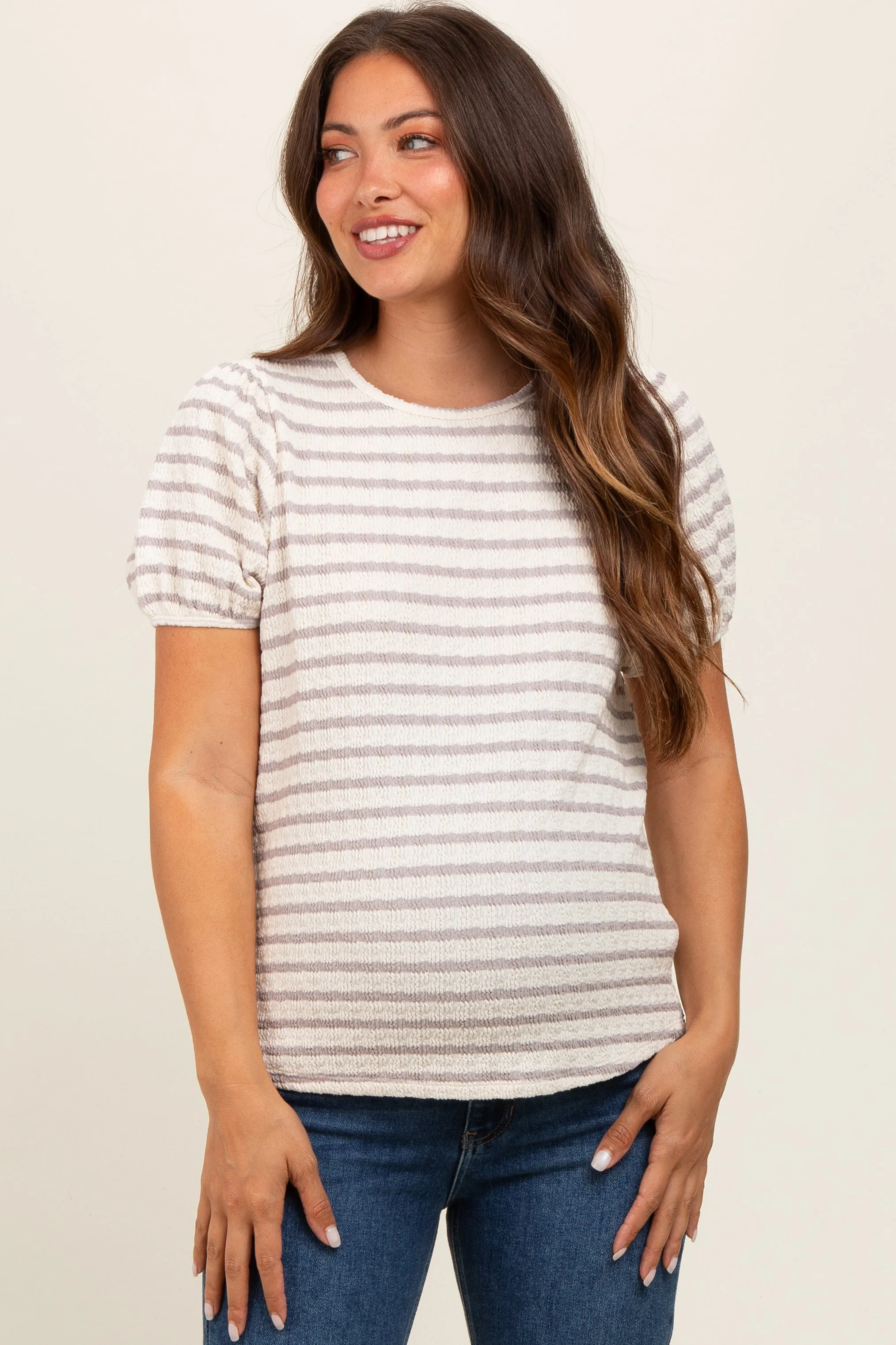 Grey Striped Textured Puff Sleeve Maternity Top sold by Pinkblush