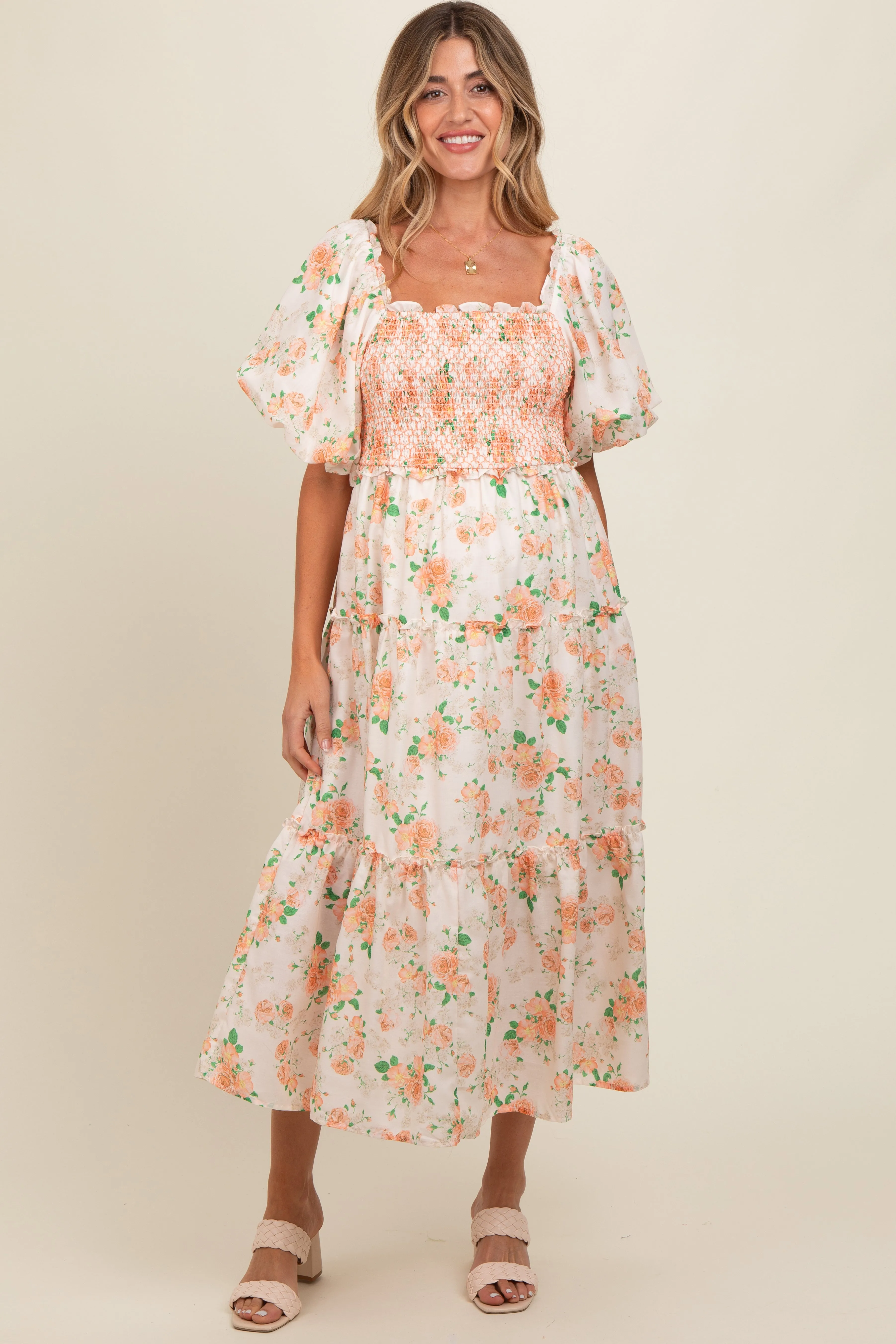 Peach Floral Smocked Puff Sleeve Maternity Midi Dress sold by Pinkblush product image thumbnail 2