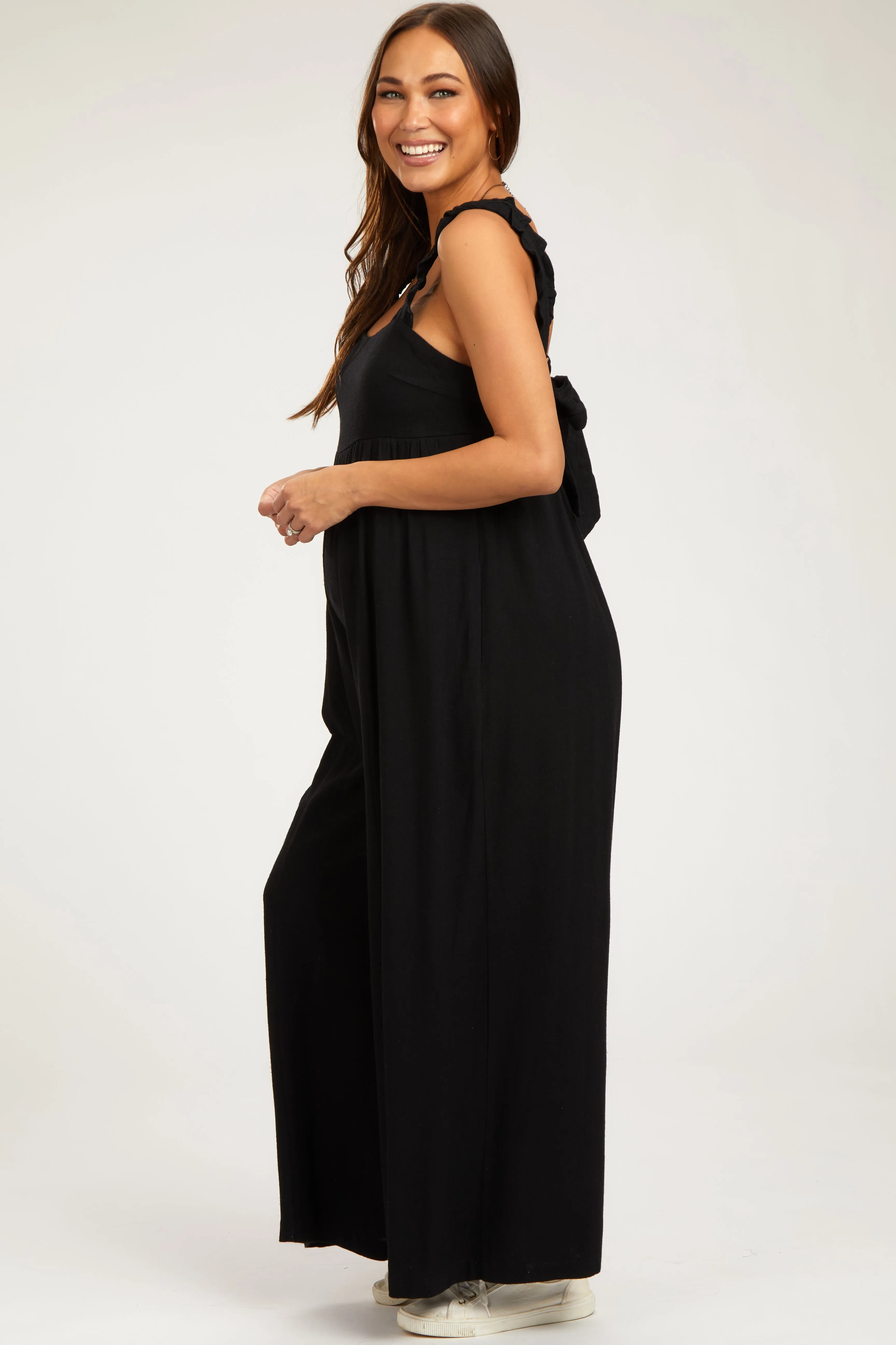Black Ruffle Trim Back Tie Maternity Jumpsuit sold by Pinkblush product image thumbnail 2