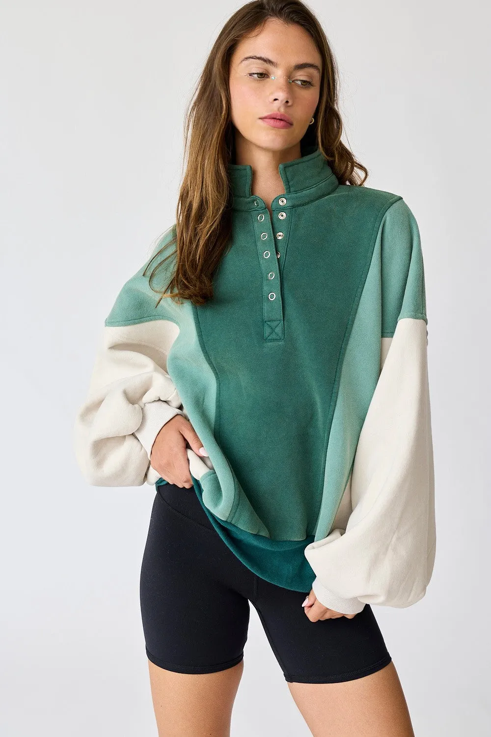 Forest Green Colorblock Snap Button Polo Sweatshirt sold by Pinkblush product image thumbnail 3