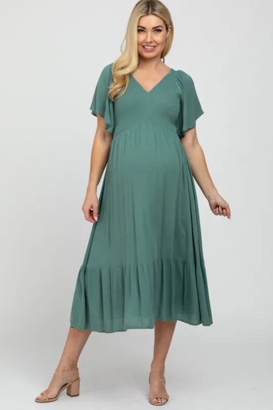 Mint Smocked Ruffle Maternity Dress sold by Pinkblush