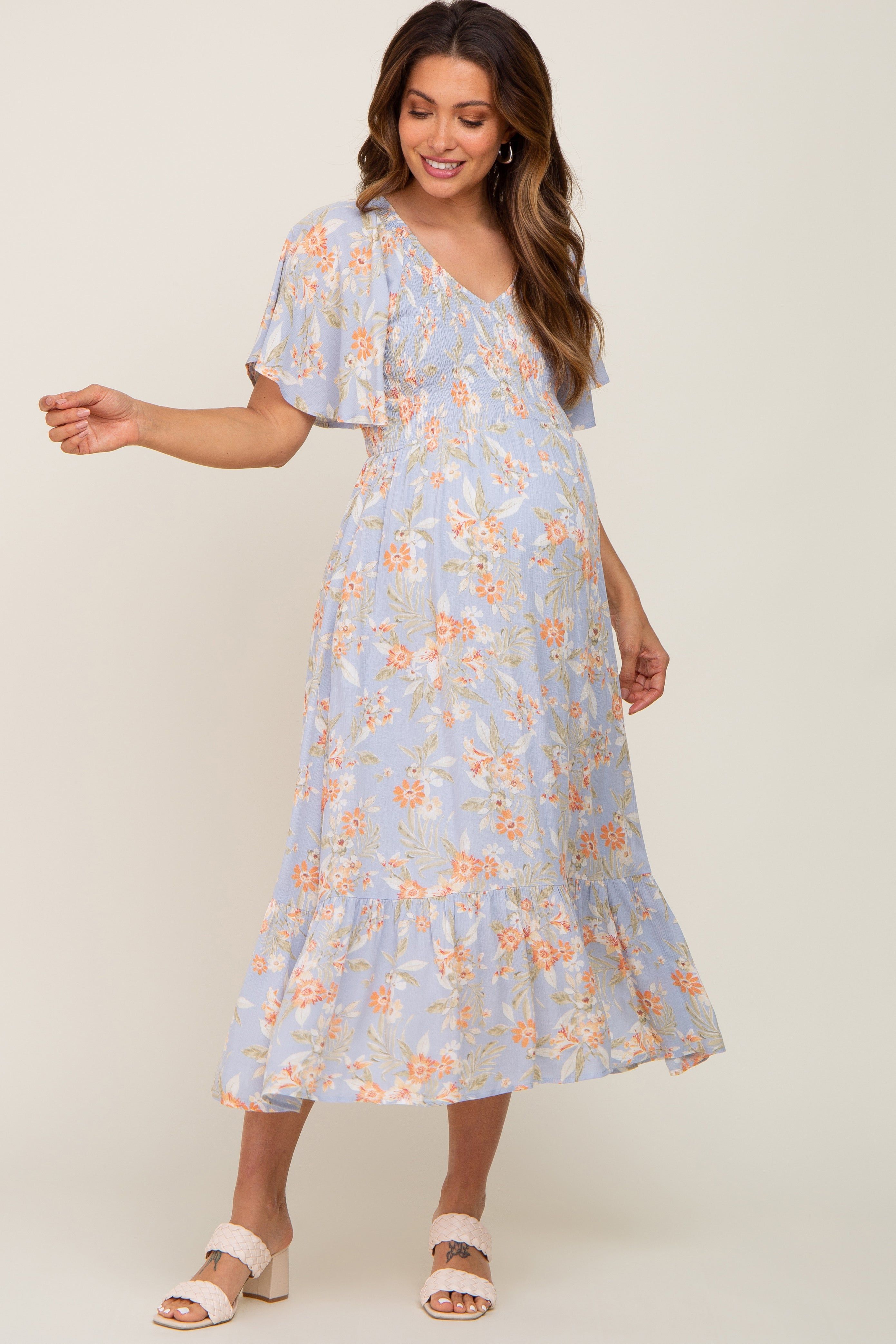 Light Blue Floral Smocked V-Neck Short Sleeve Maternity Midi Dress sold by Pinkblush product image thumbnail 5