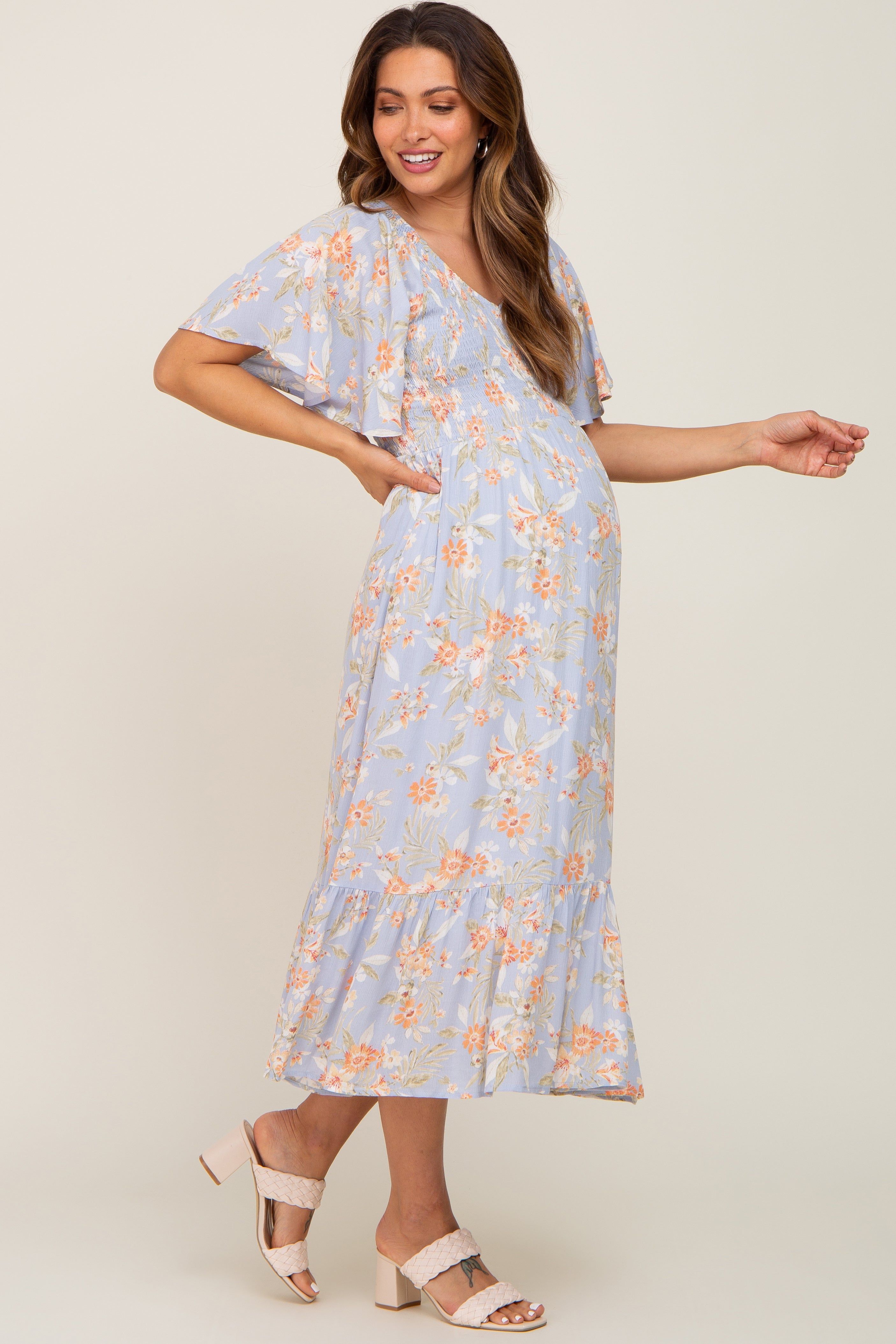 Light Blue Floral Smocked V-Neck Short Sleeve Maternity Midi Dress sold by Pinkblush product image thumbnail 2