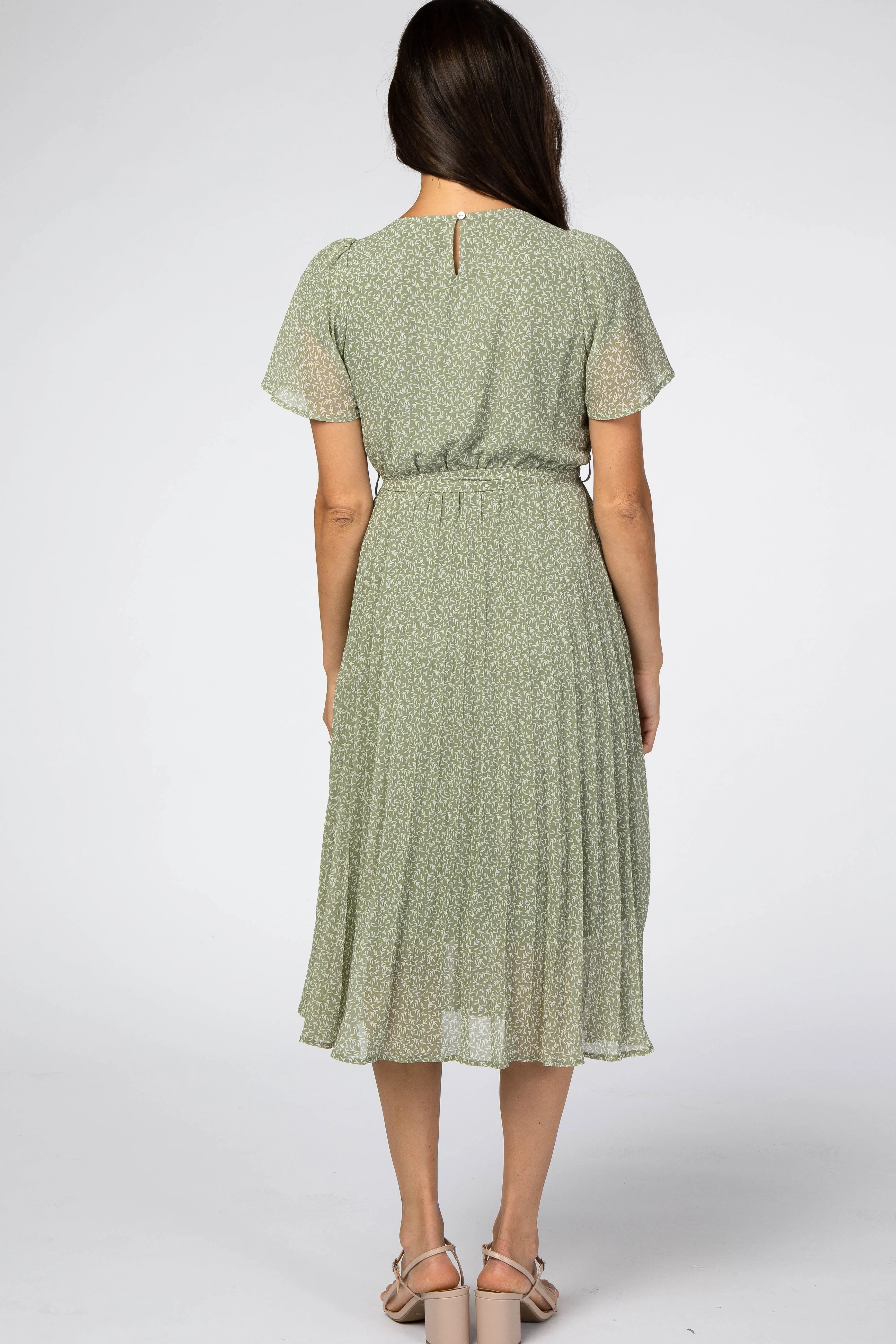 Light Olive Leaf Print Pleated Midi Dress sold by Pinkblush product image thumbnail 3