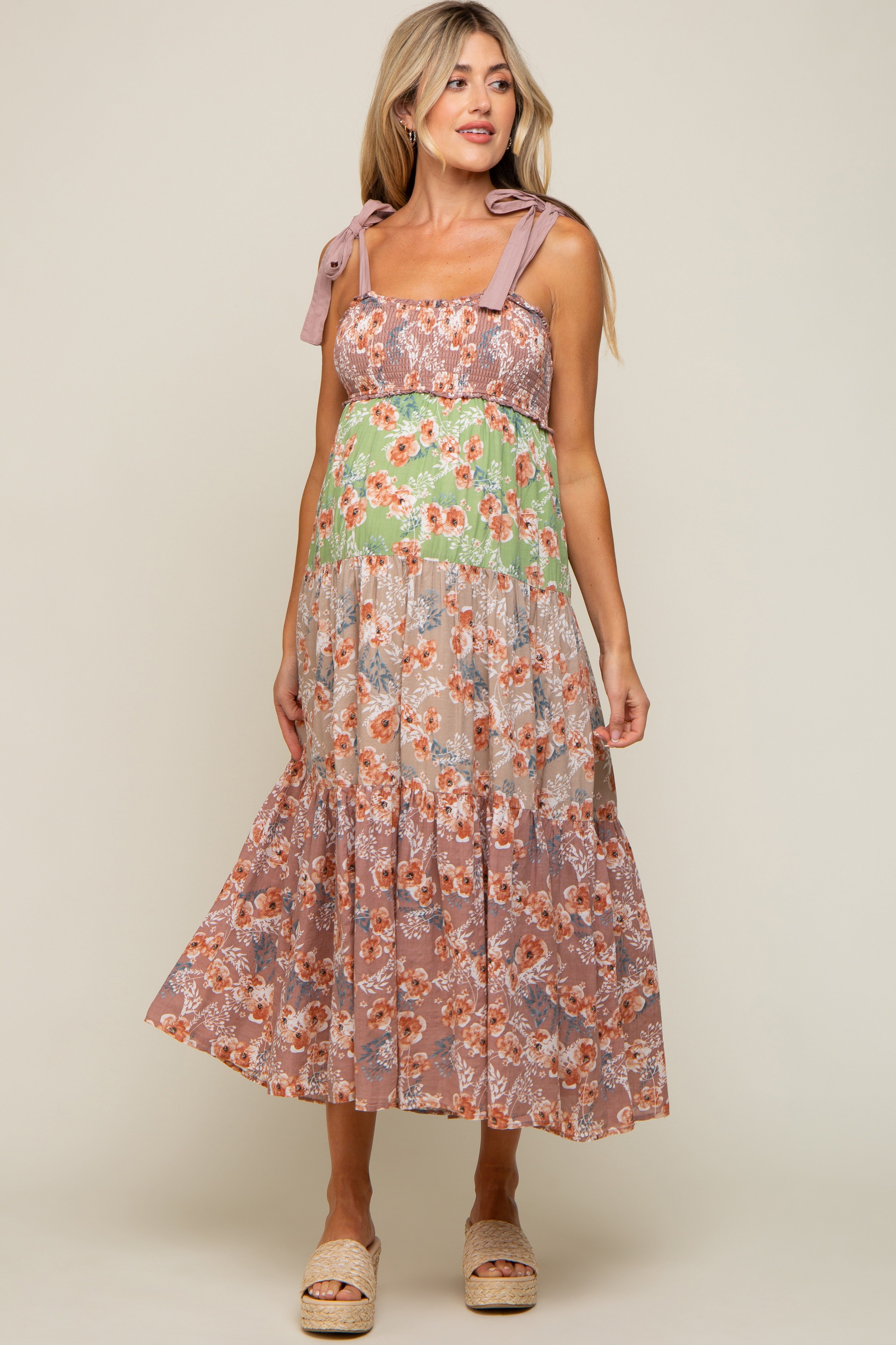Mauve Multicolor Floral Tiered Maternity Midi Dress sold by Pinkblush product image thumbnail 4