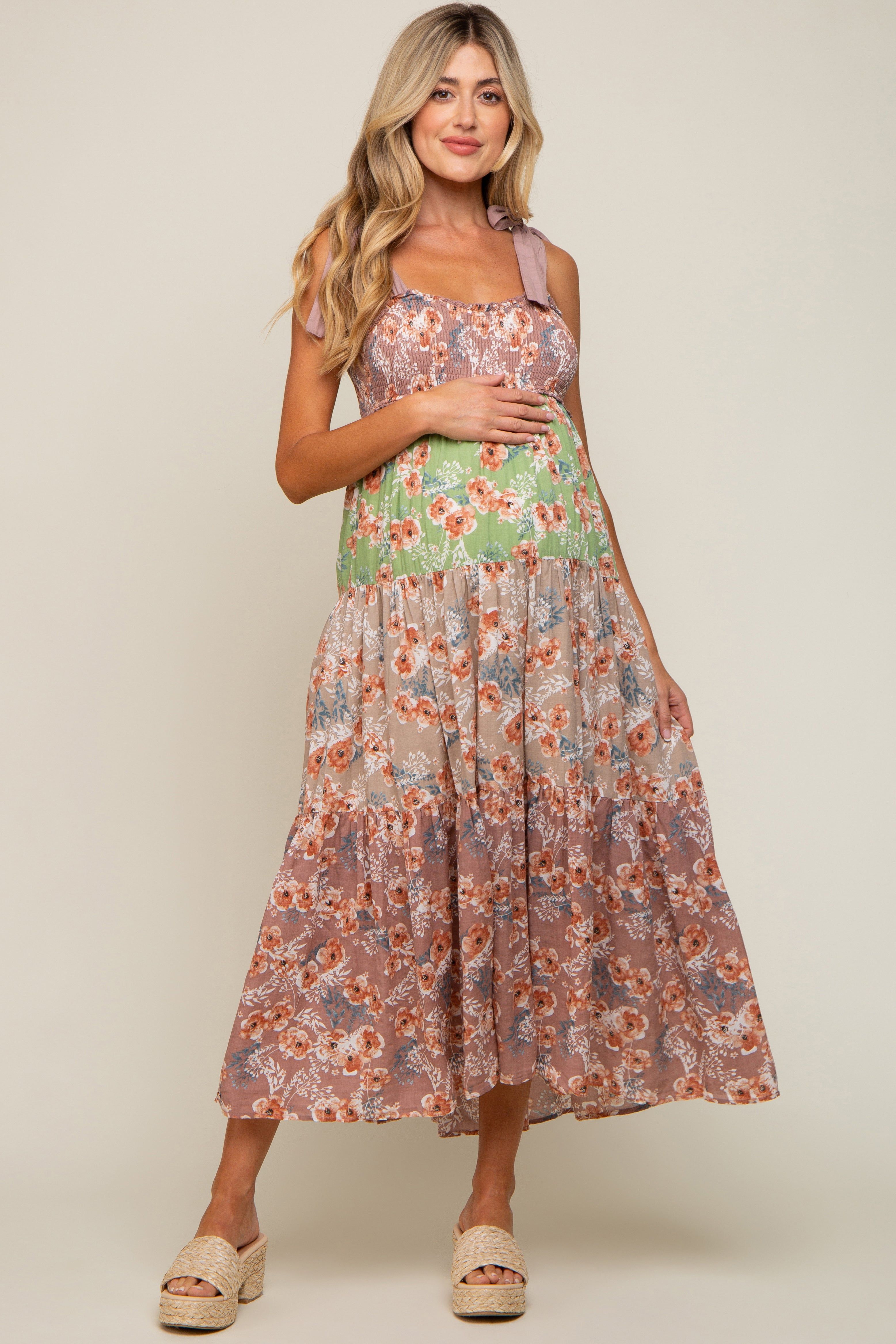 Mauve Multicolor Floral Tiered Maternity Midi Dress sold by Pinkblush