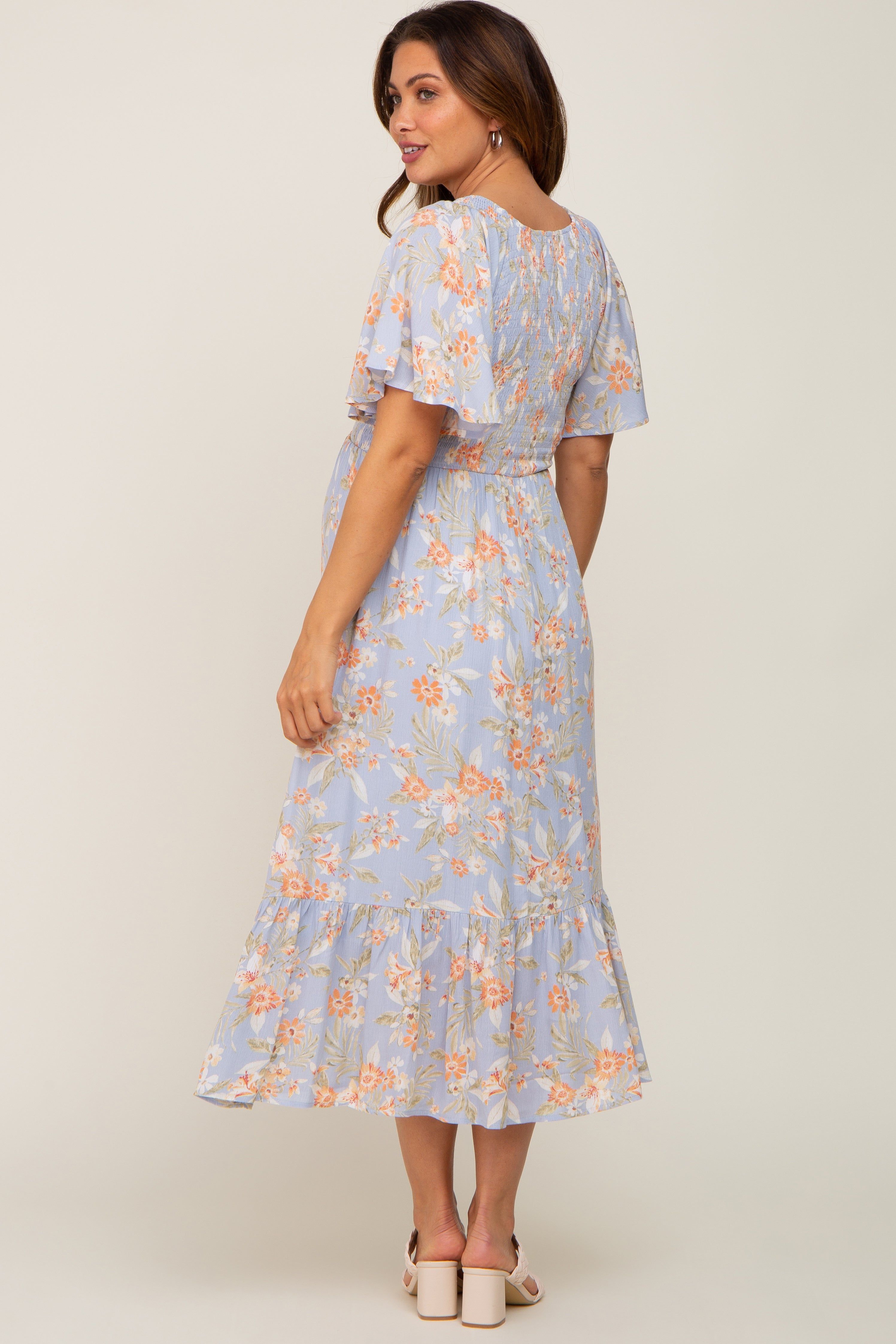Light Blue Floral Smocked V-Neck Short Sleeve Maternity Midi Dress sold by Pinkblush product image thumbnail 3