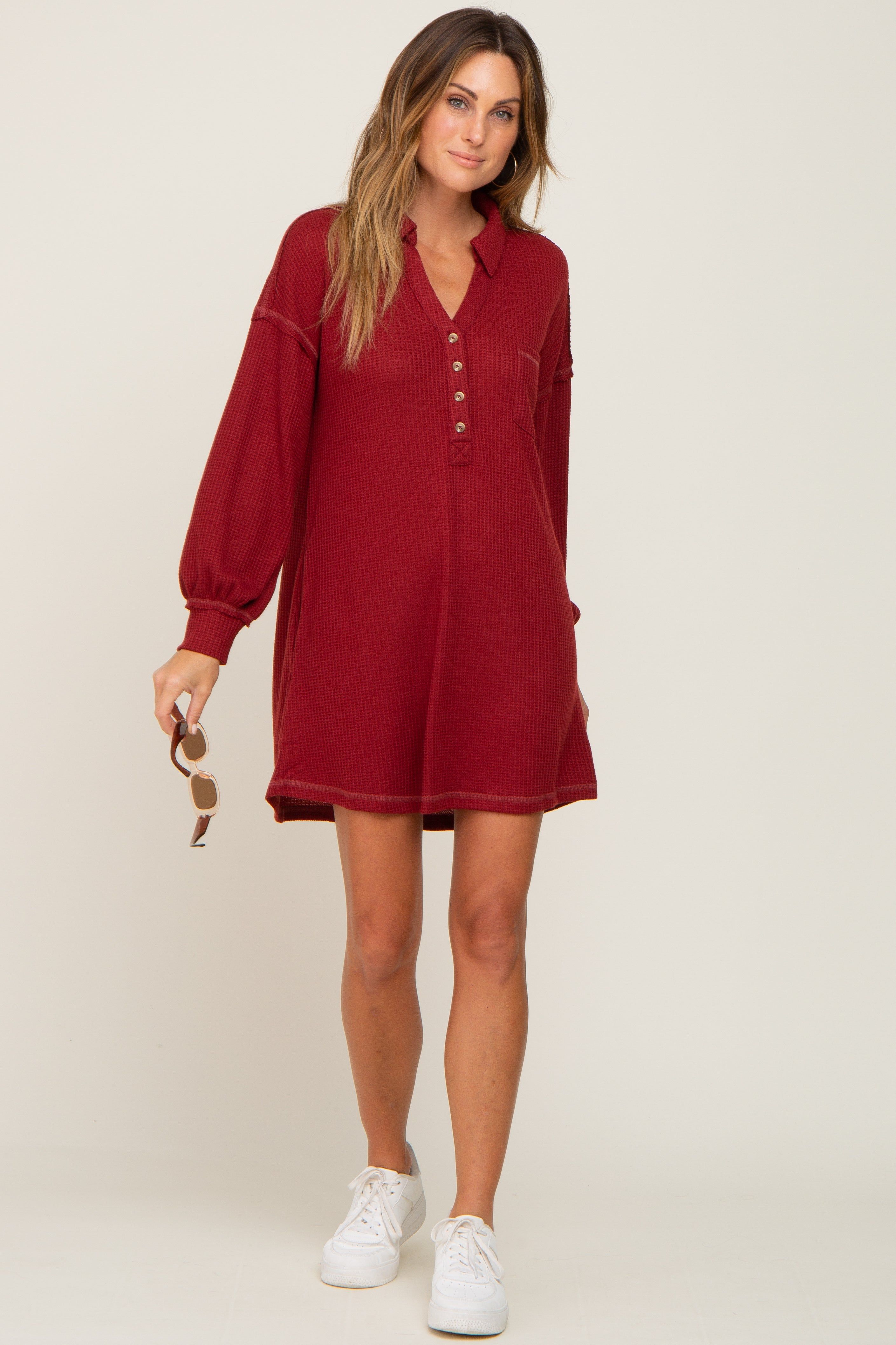Burgundy Waffle Knit Collared Long Sleeve Dress sold by Pinkblush product image thumbnail 4