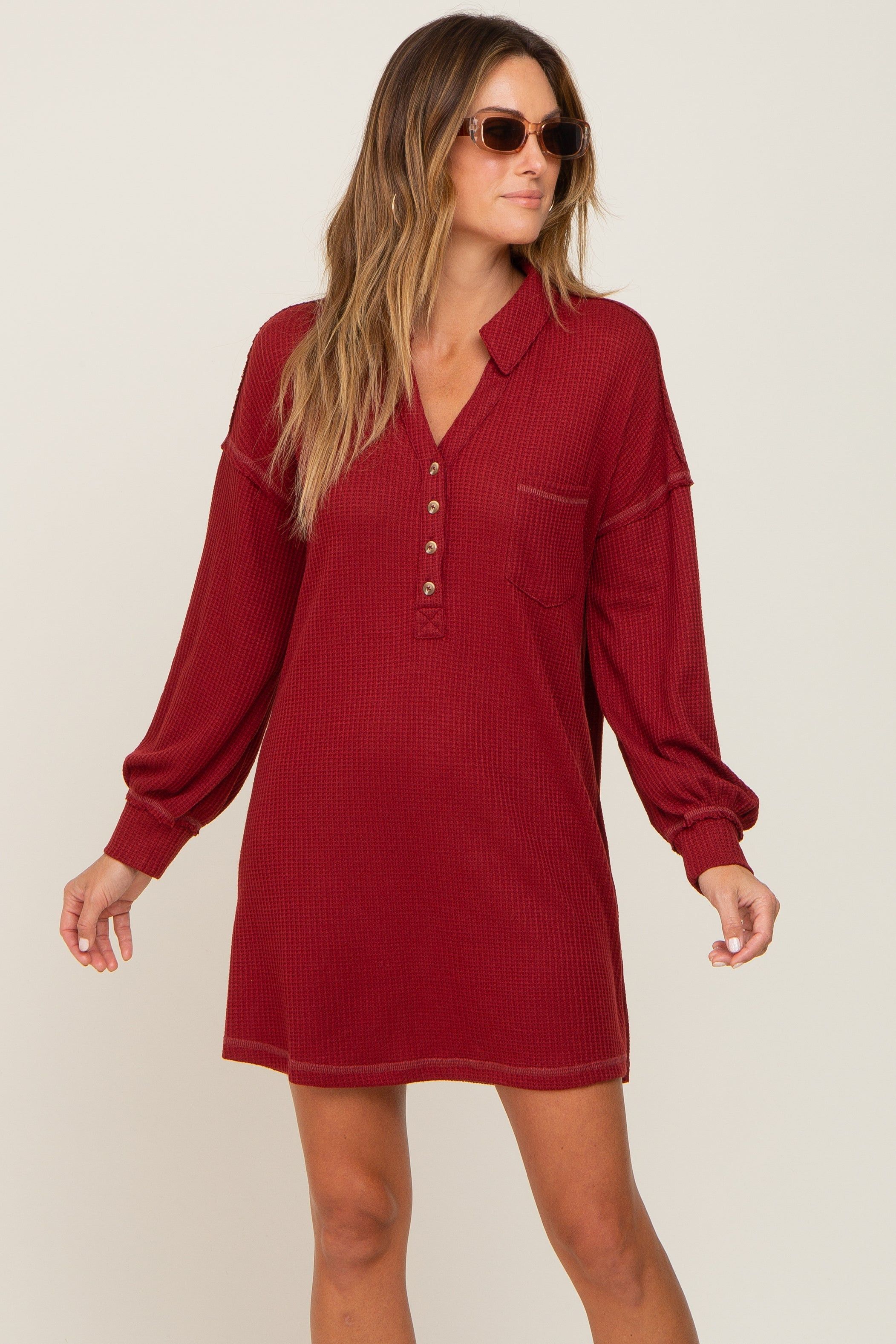 Burgundy Waffle Knit Collared Long Sleeve Dress sold by Pinkblush