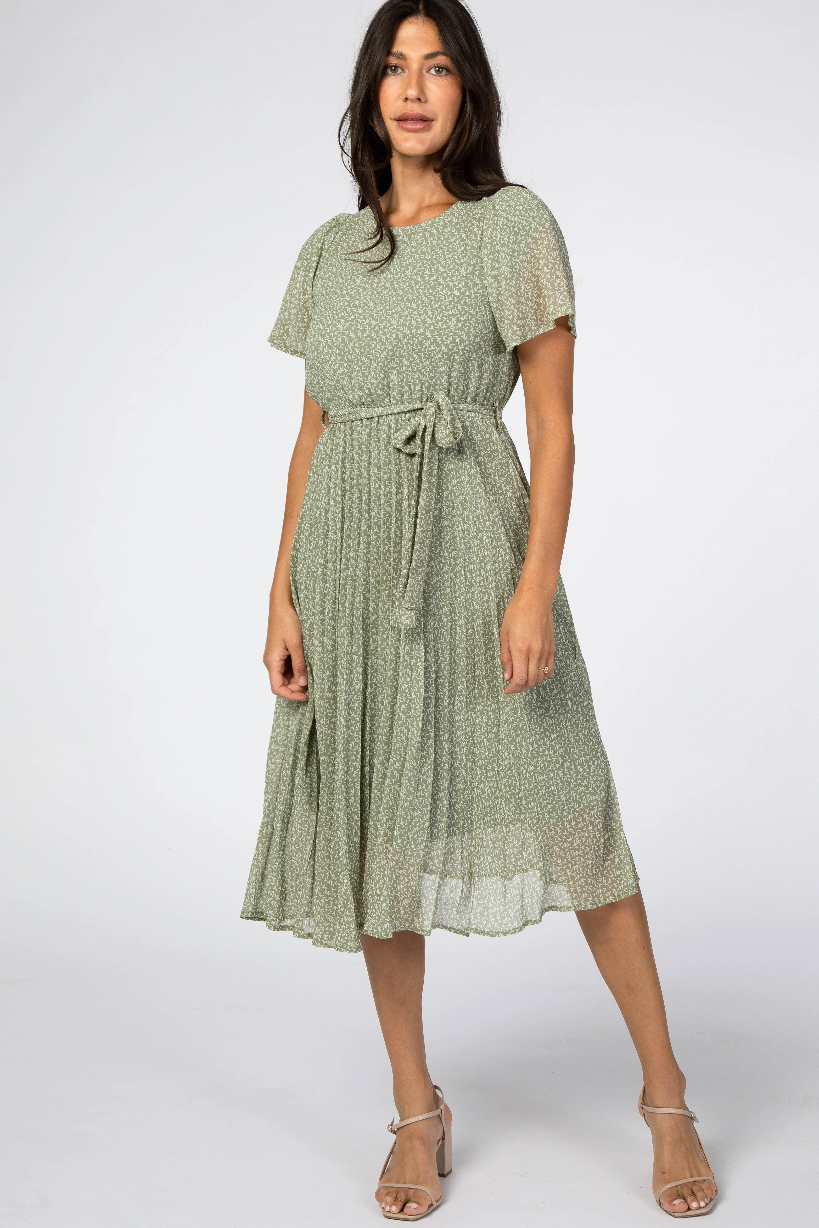 Light Olive Leaf Print Pleated Midi Dress sold by Pinkblush