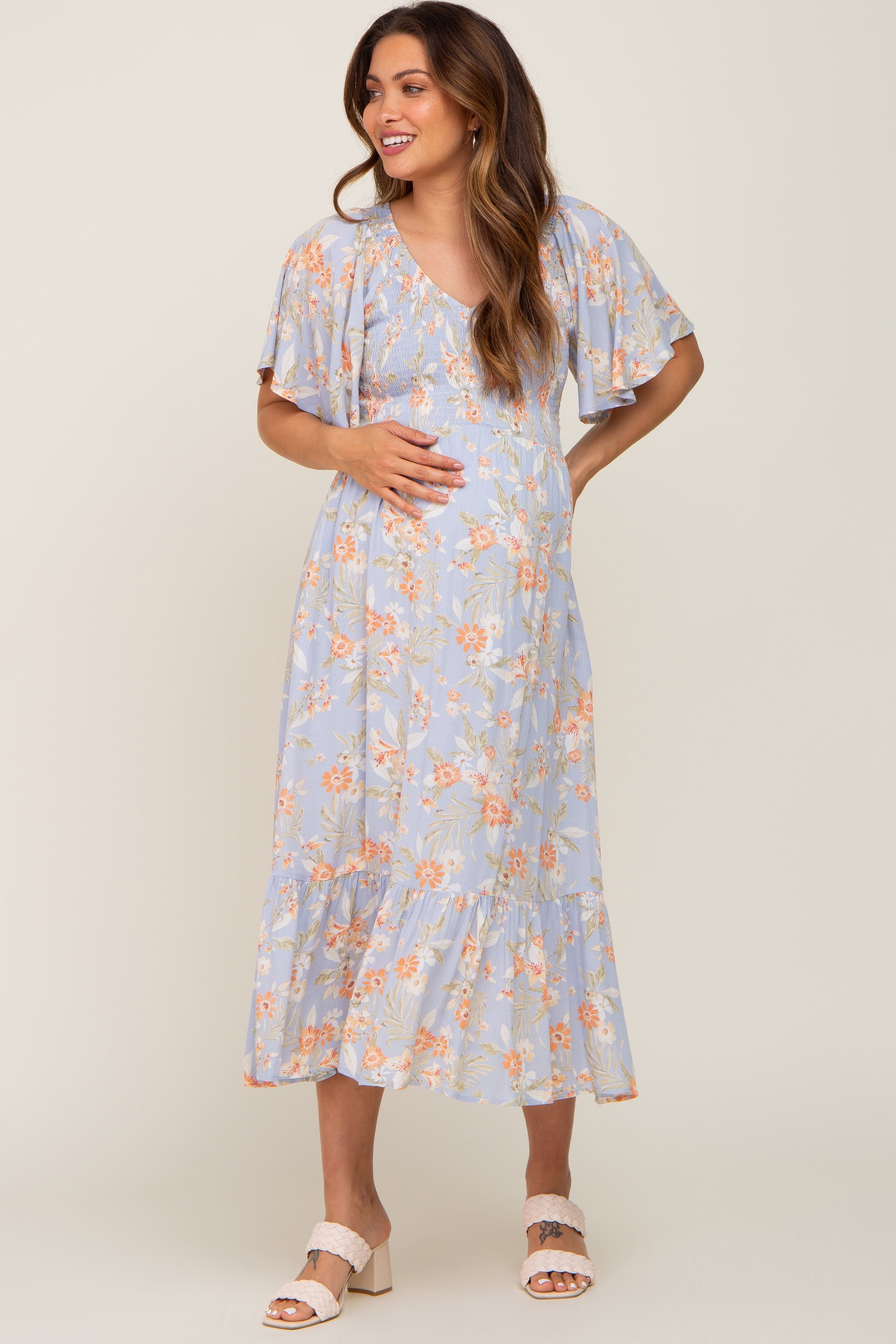 Light Blue Floral Smocked V-Neck Short Sleeve Maternity Midi Dress sold by Pinkblush product image thumbnail 4