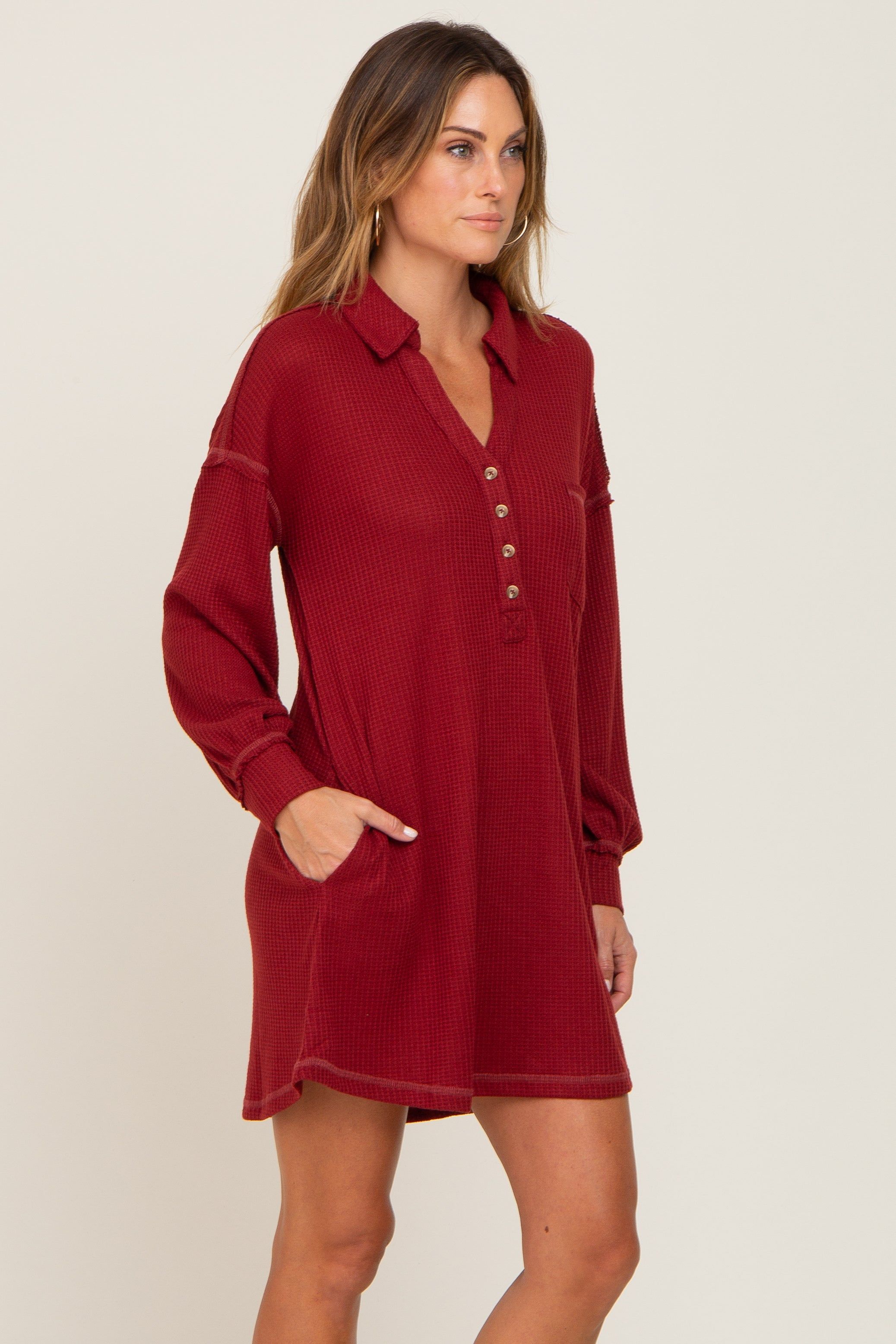 Burgundy Waffle Knit Collared Long Sleeve Dress sold by Pinkblush product image thumbnail 2