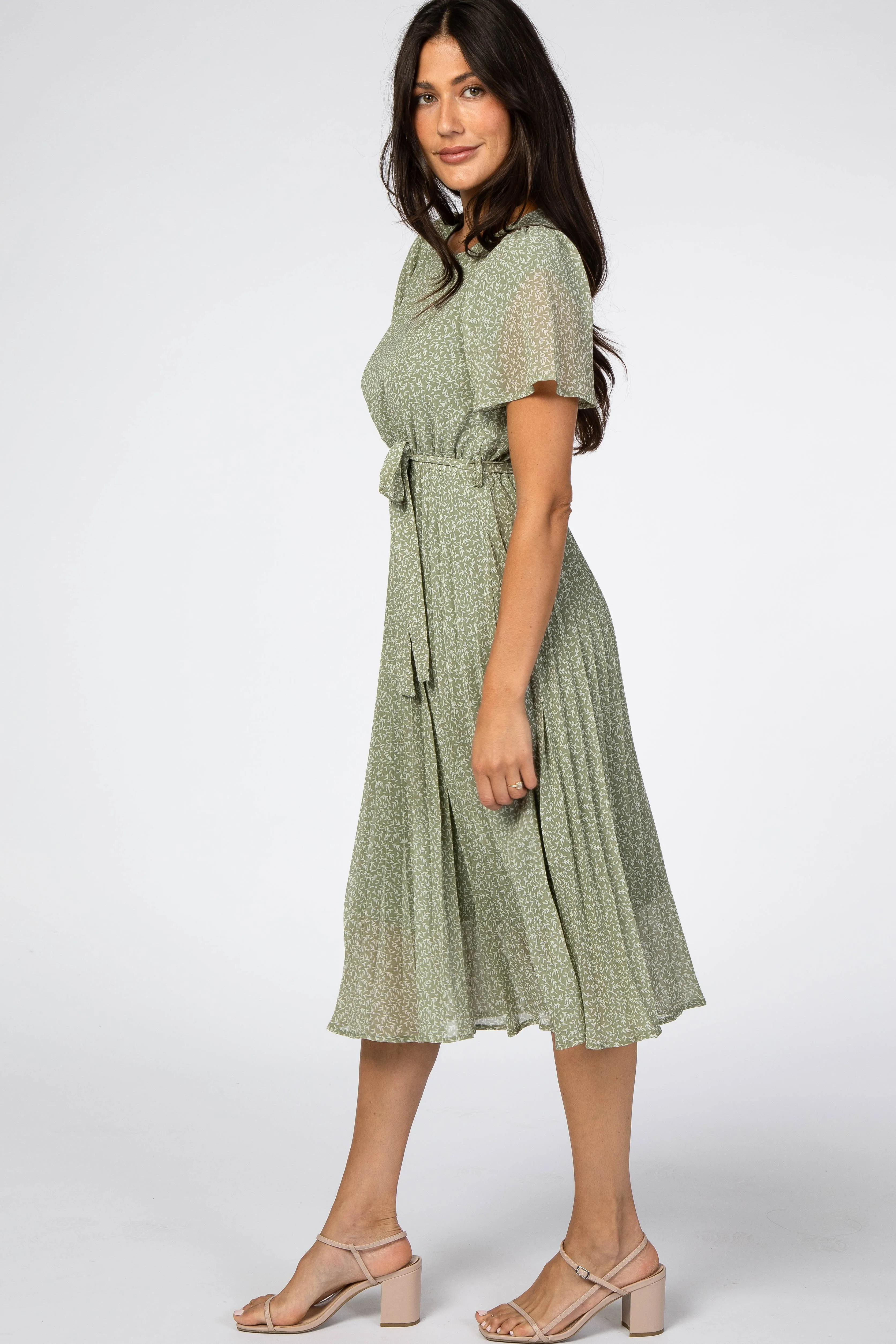 Light Olive Leaf Print Pleated Midi Dress sold by Pinkblush product image thumbnail 2
