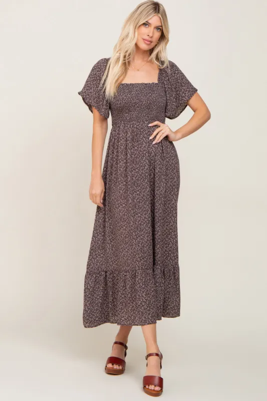 Charcoal Leaf Smocked Flounce Sleeve Maxi Dress sold by Pinkblush