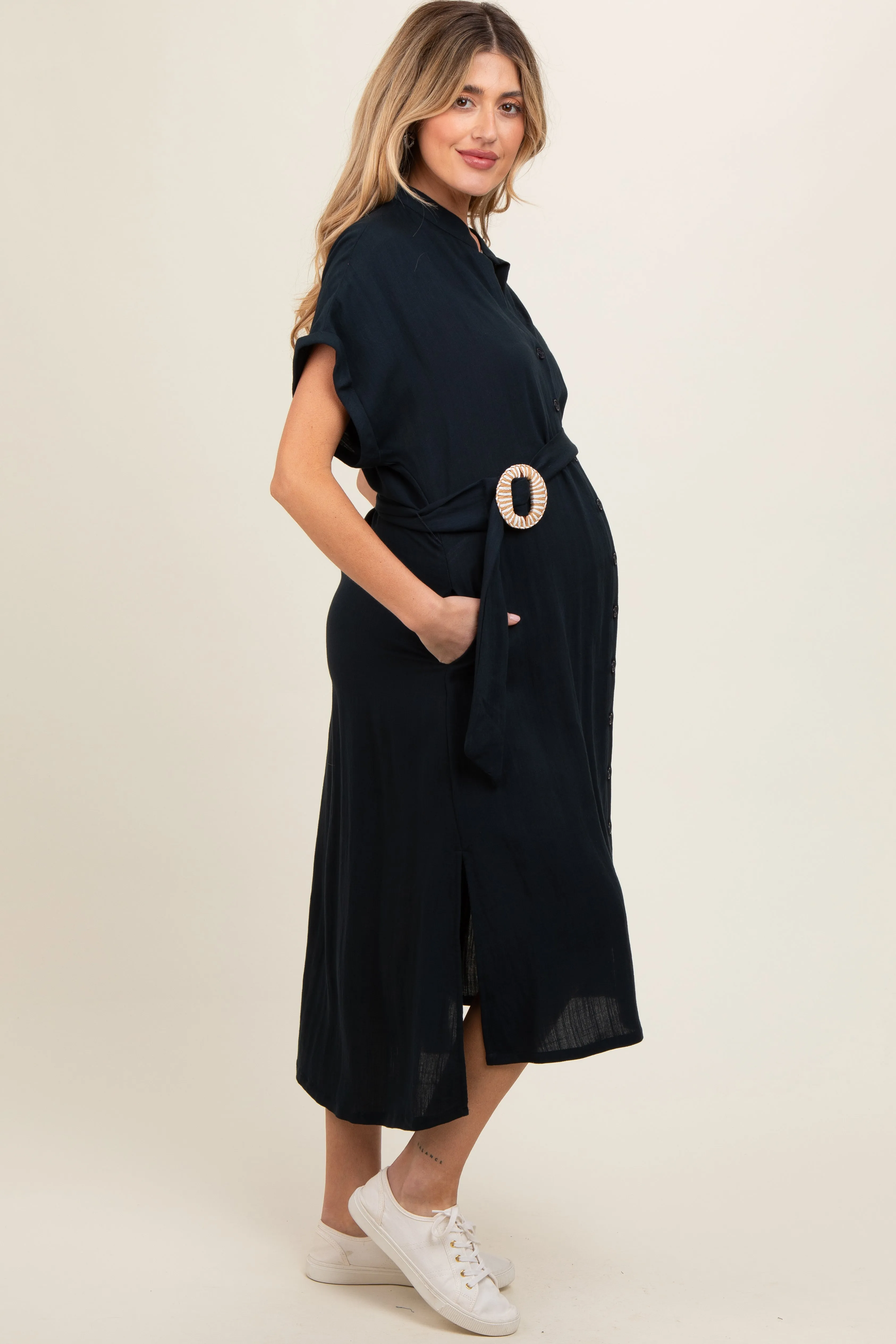 Black Button Down Belted Dolman Sleeve Maternity Midi Dress sold by Pinkblush product image thumbnail 3