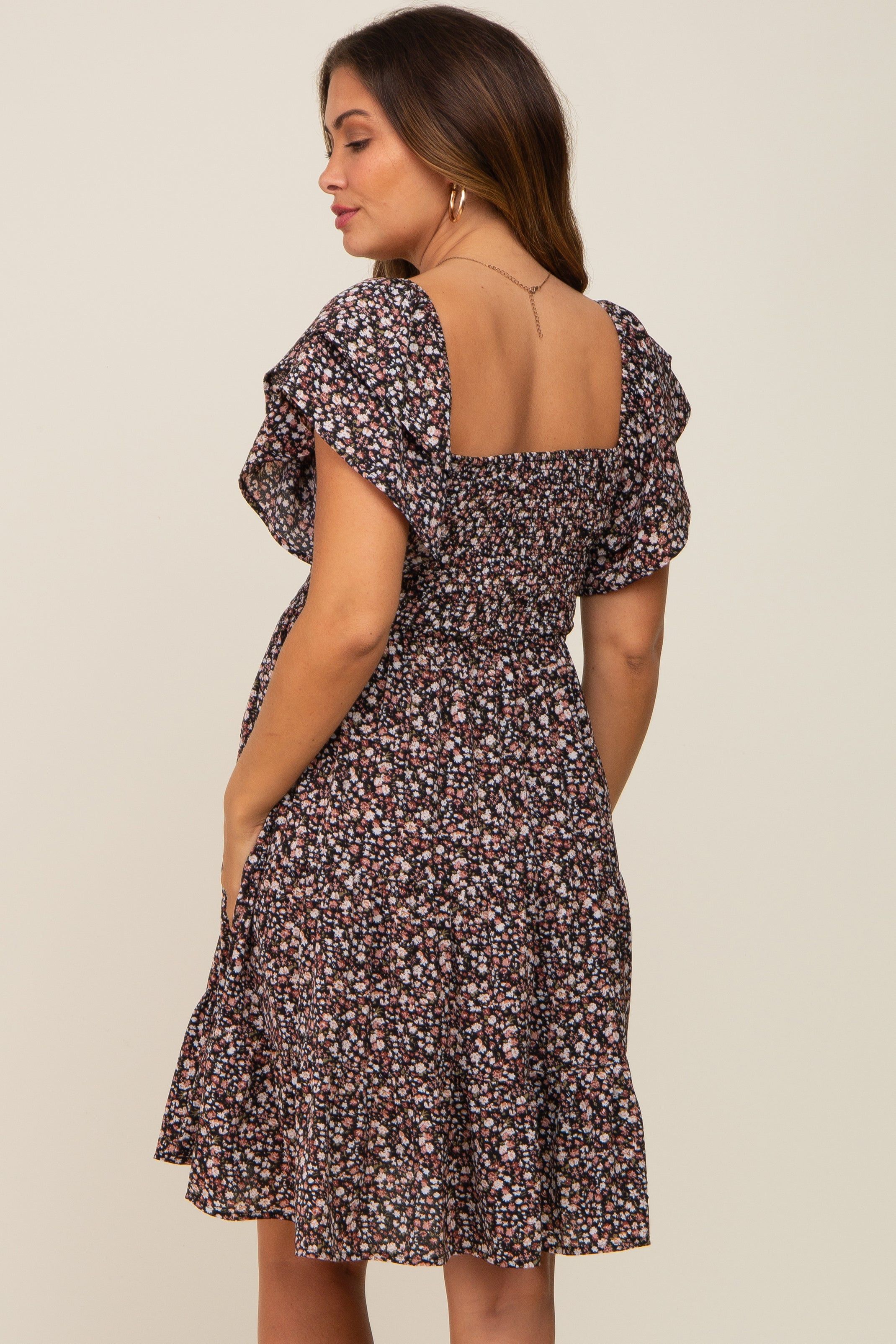 Black Floral Smocked Tiered Maternity Dress sold by Pinkblush product image thumbnail 4