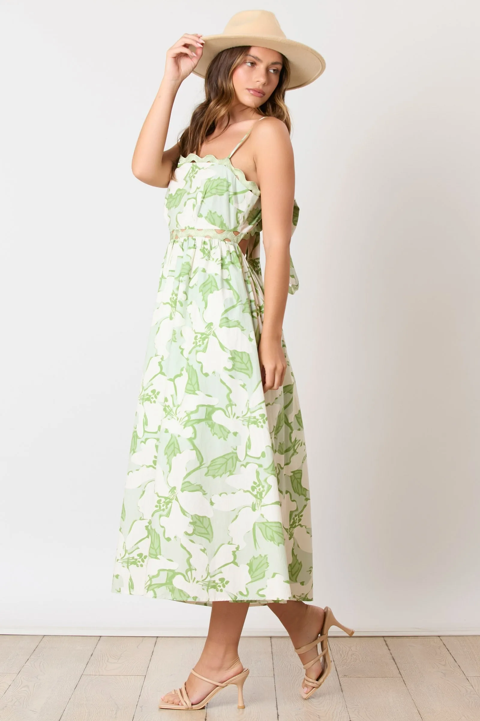 Green Floral Wave Trim Back Tie Midi Dress sold by Pinkblush product image thumbnail 2