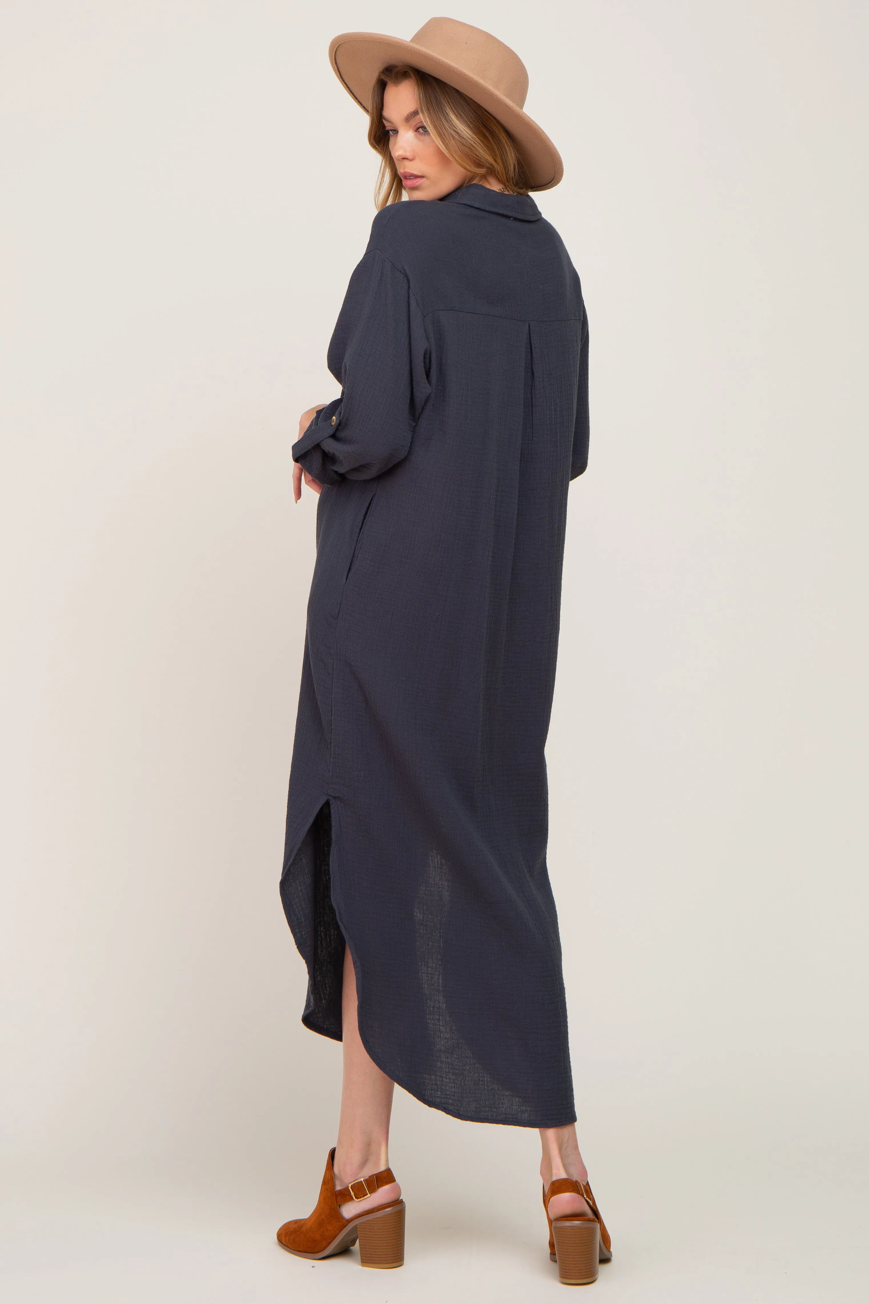 Charcoal Button Down 3/4 Sleeve Midi Dress sold by Pinkblush product image thumbnail 4