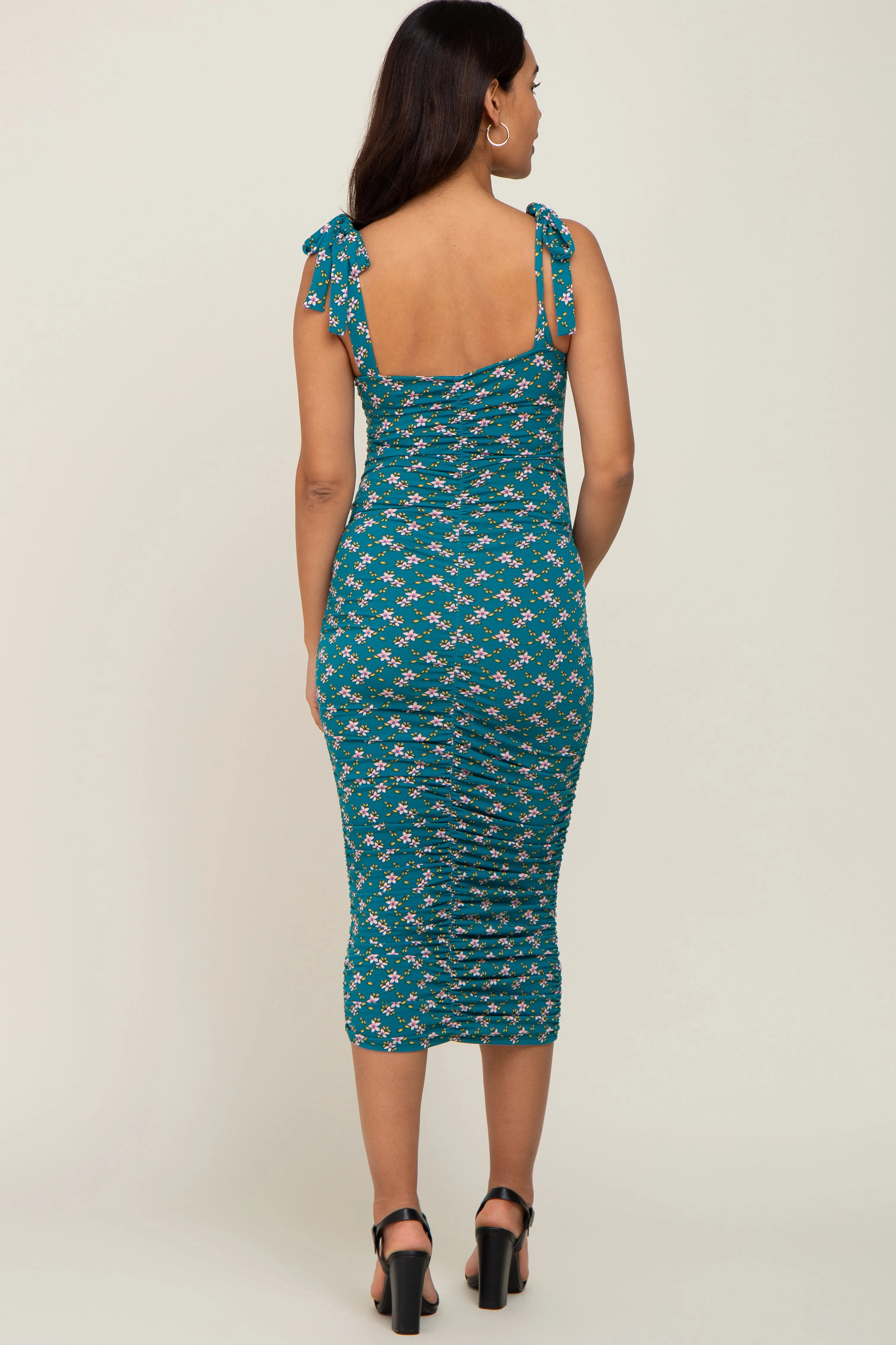 Teal Floral Ruched Shoulder Tie Maternity Dress sold by Pinkblush product image thumbnail 3