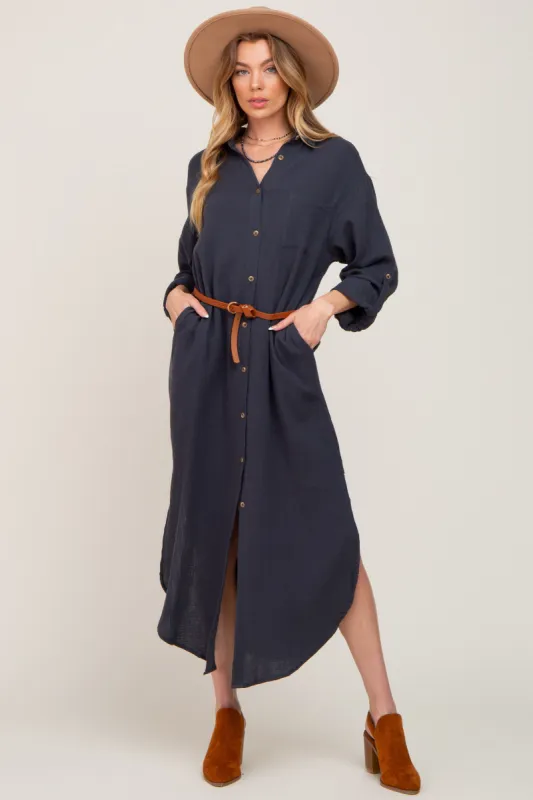 Charcoal Button Down 3/4 Sleeve Midi Dress sold by Pinkblush