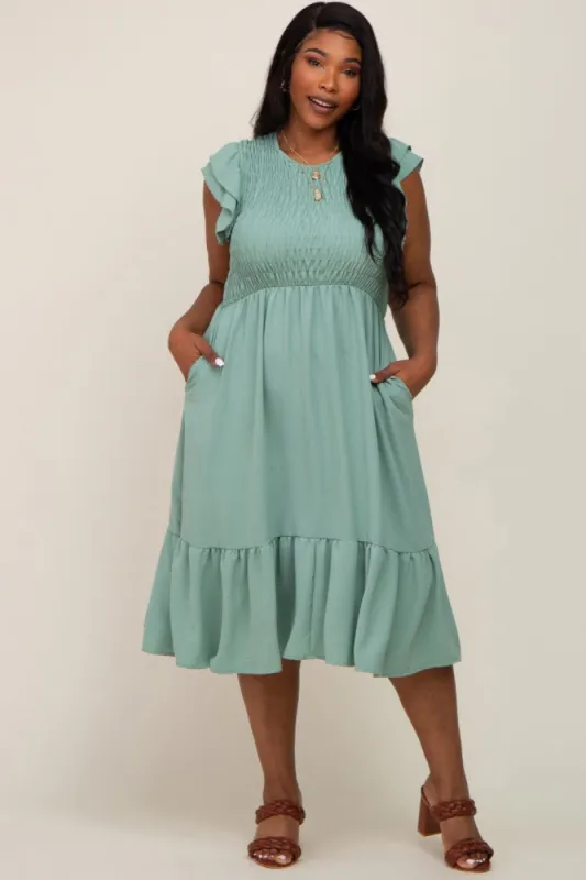 Light Olive Smocked Layered Ruffle Flutter Sleeve Plus Midi Dress sold by Pinkblush