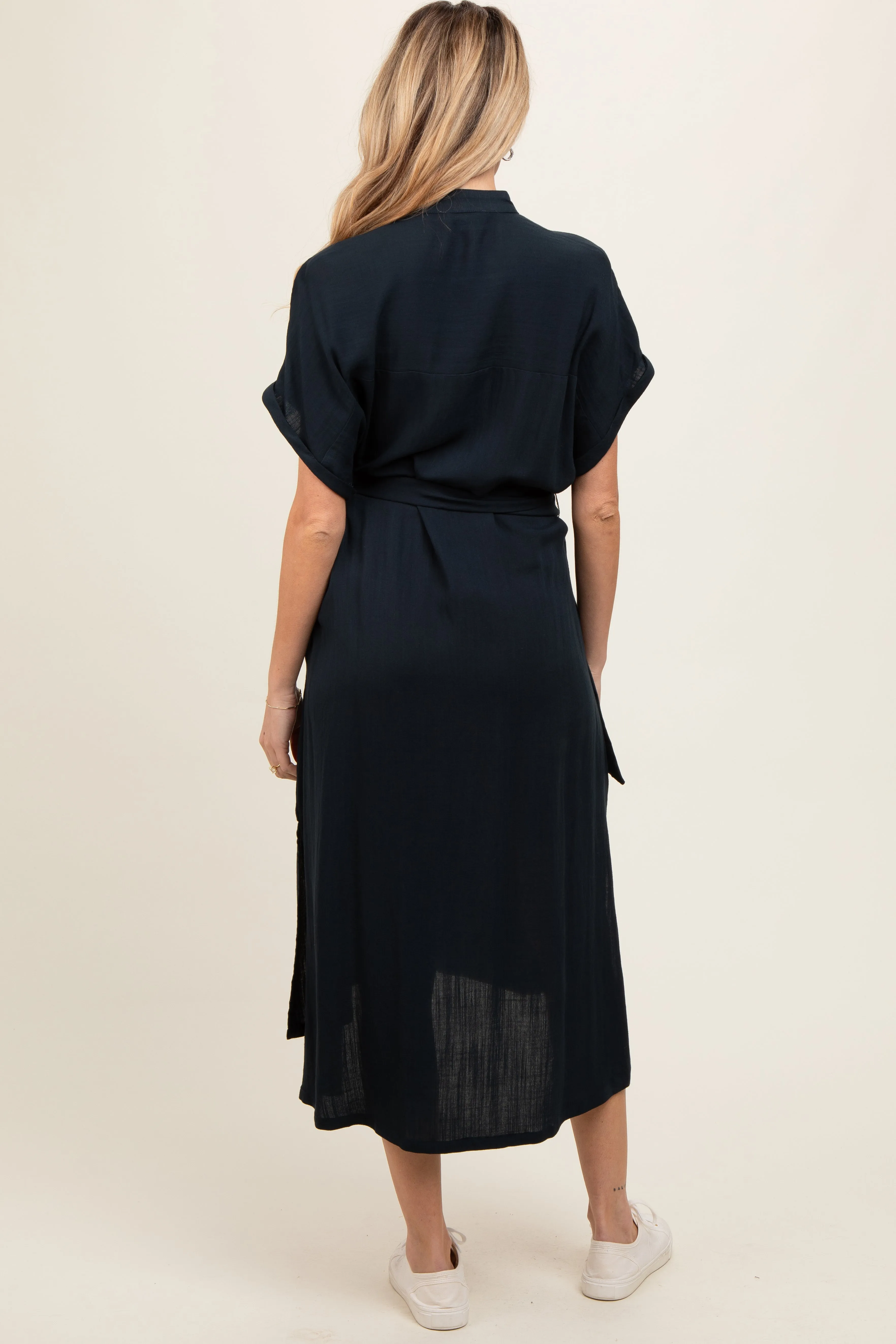 Black Button Down Belted Dolman Sleeve Maternity Midi Dress sold by Pinkblush product image thumbnail 4