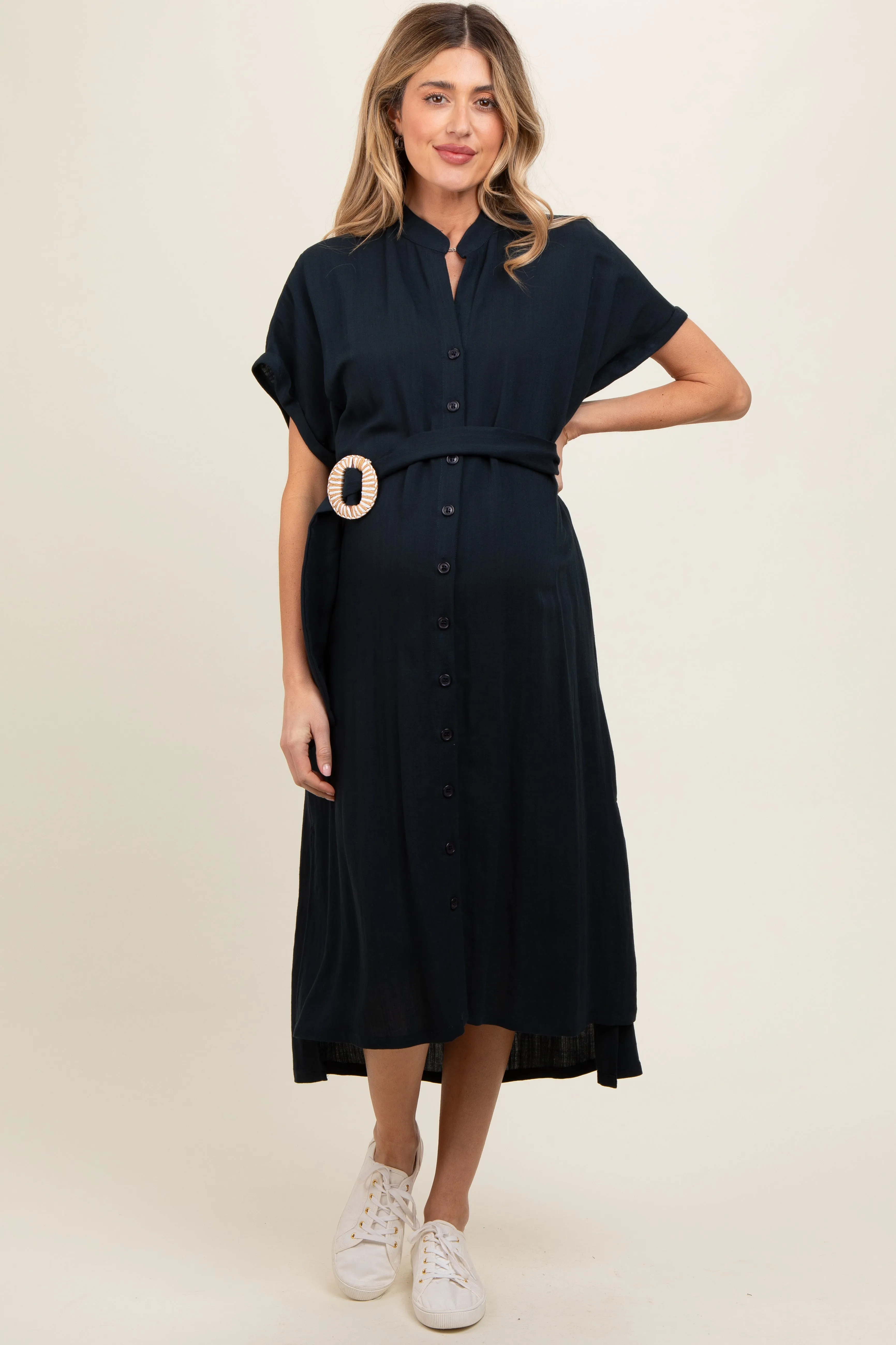Black Button Down Belted Dolman Sleeve Maternity Midi Dress sold by Pinkblush
